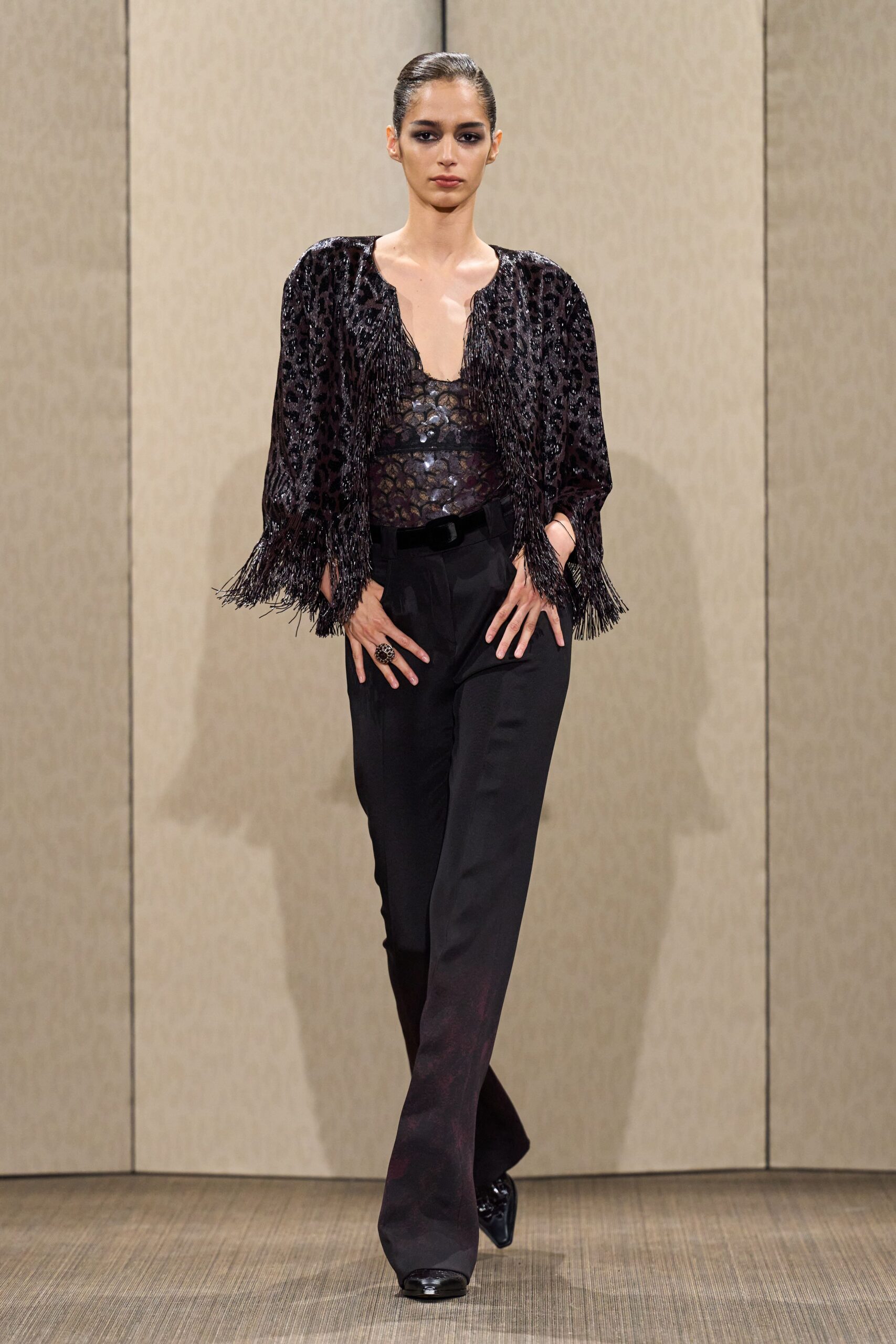 black silk long-sleeve collared fitted fringed embroidered jacket