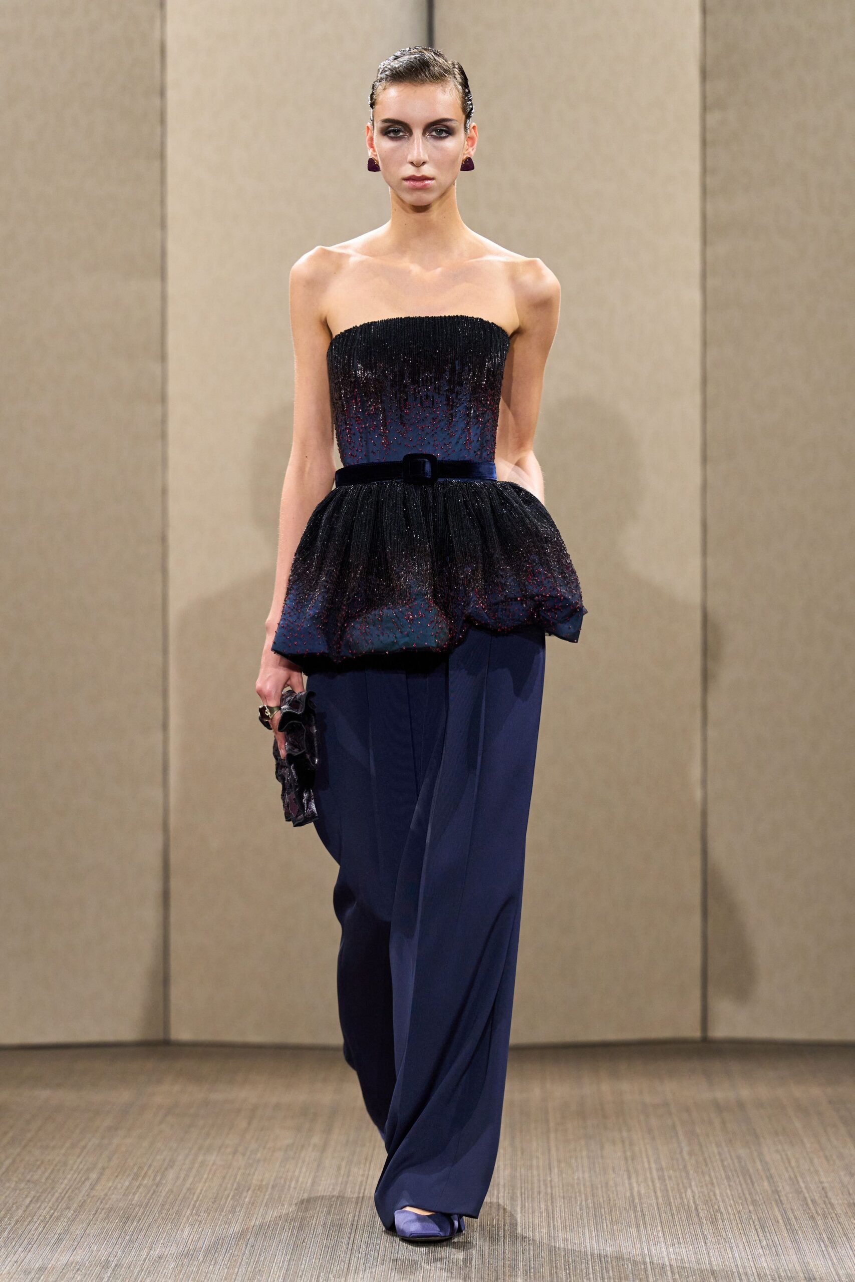 blue silk tailored straight-leg pants