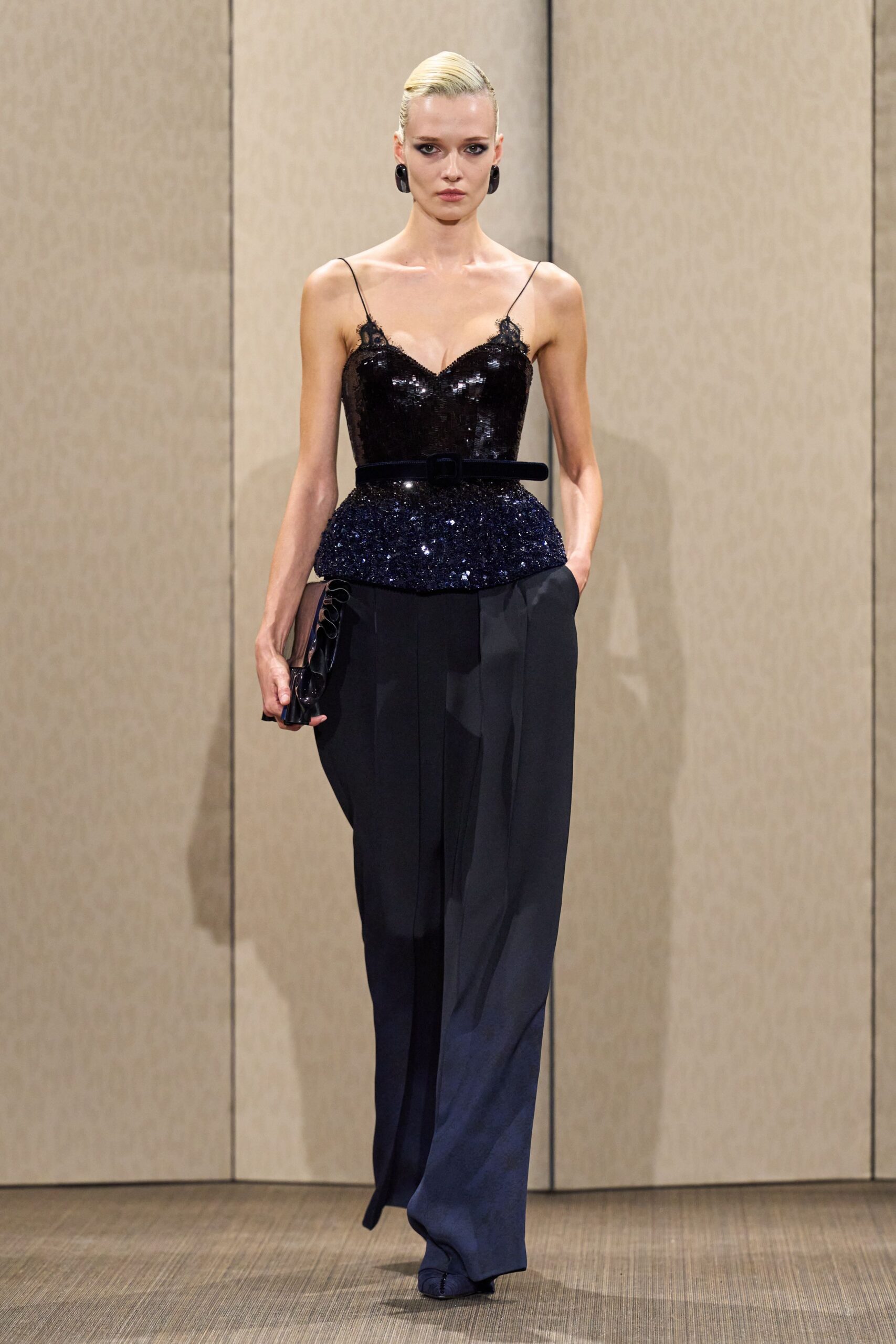 black sequin sleeveless v-neck fitted ruched embellished top