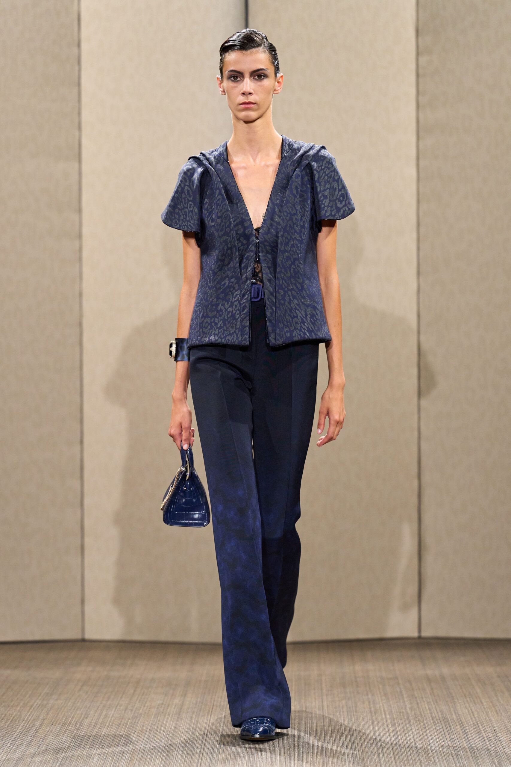blue silk tailored straight-leg pants