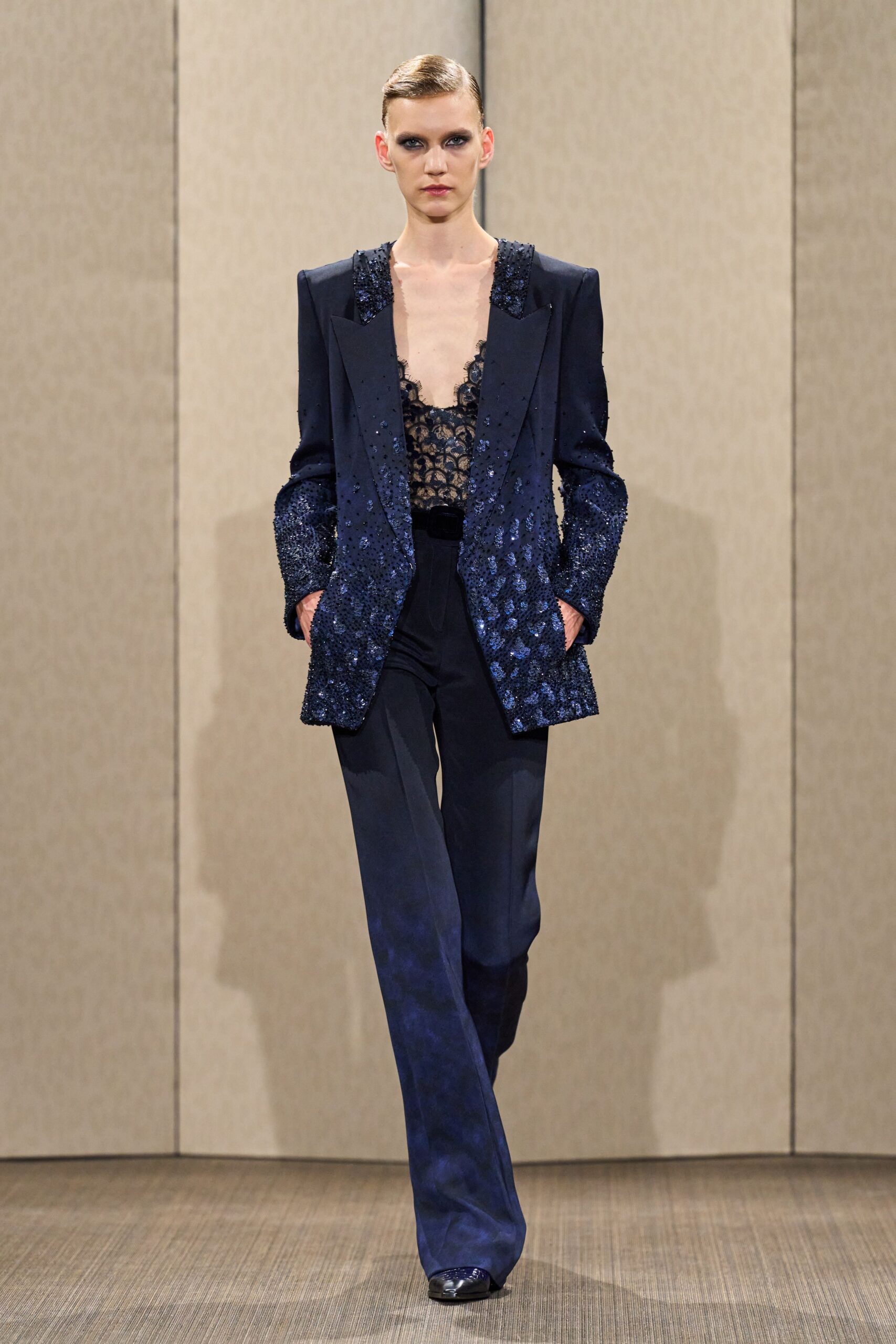 blue silk slim straight-leg pants
