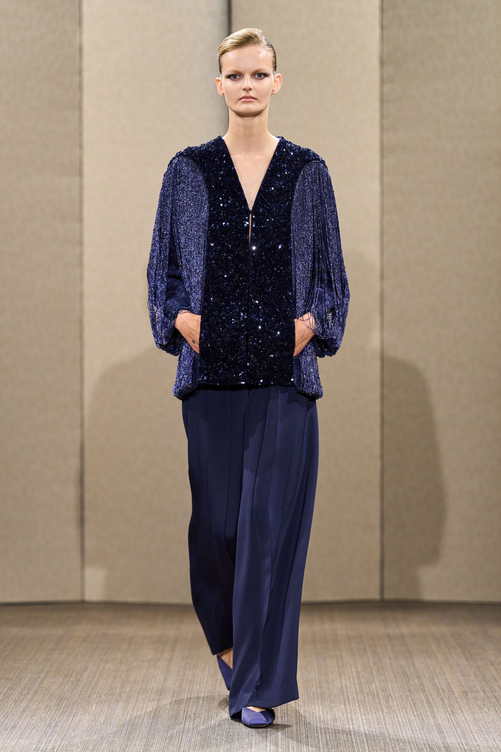 blue silk tailored wide-leg pants