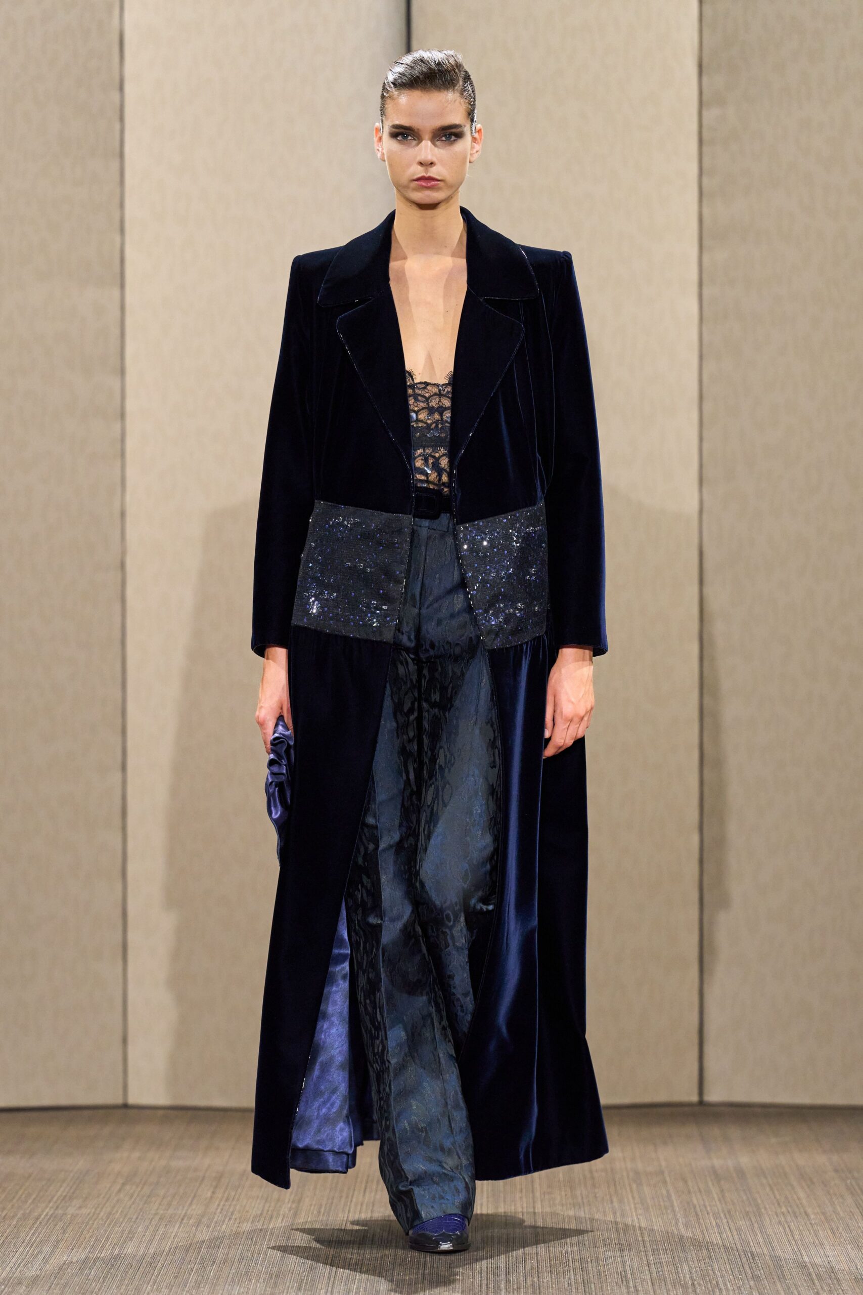 blue satin tailored high-waisted pleated pants