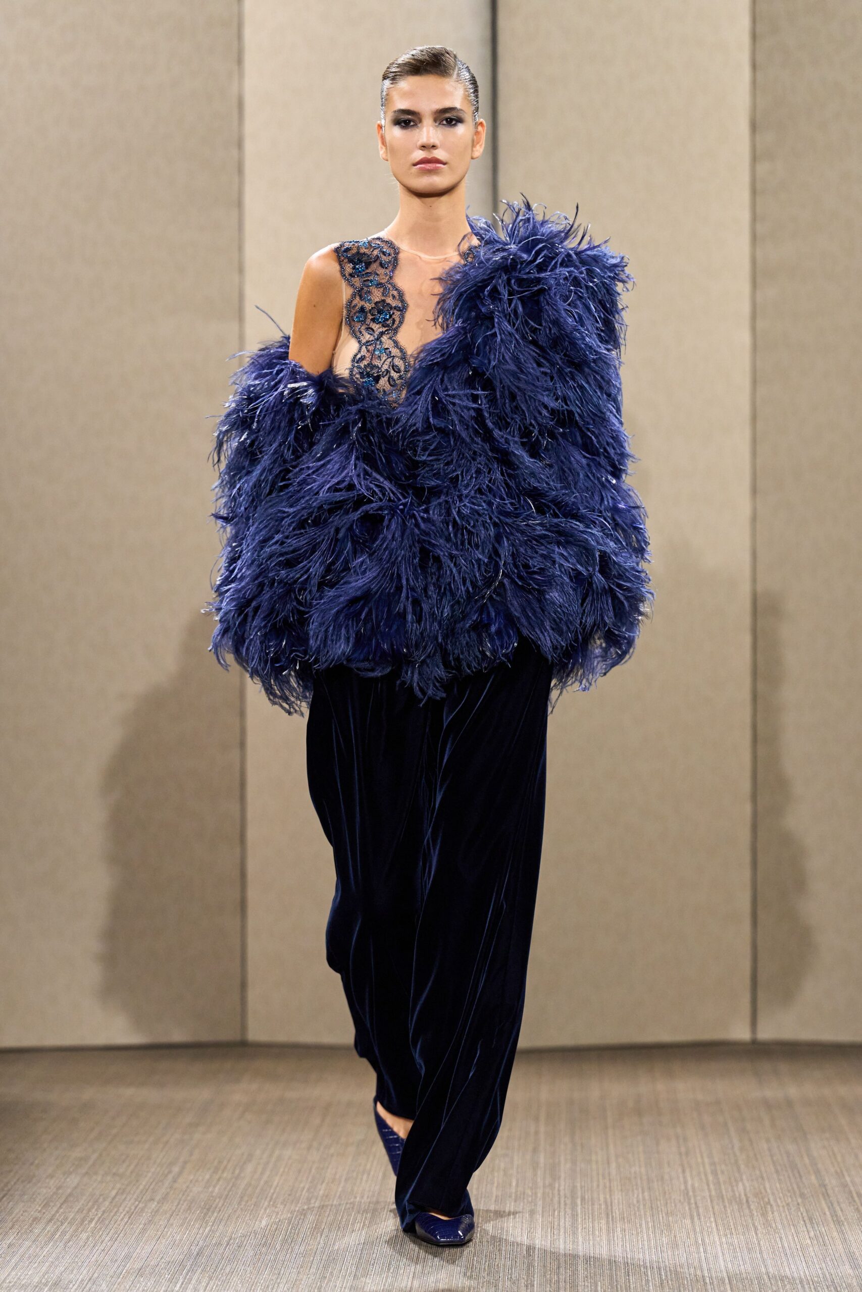 blue velvet fitted straight-leg pants