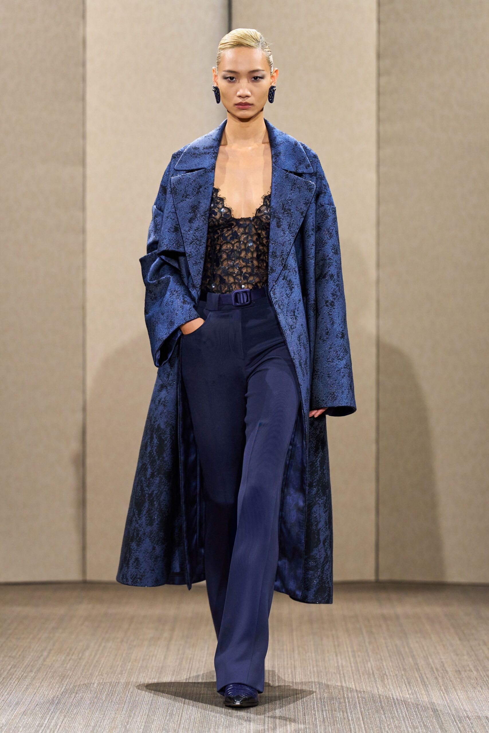 blue silk long-sleeve tailored straight-leg pants