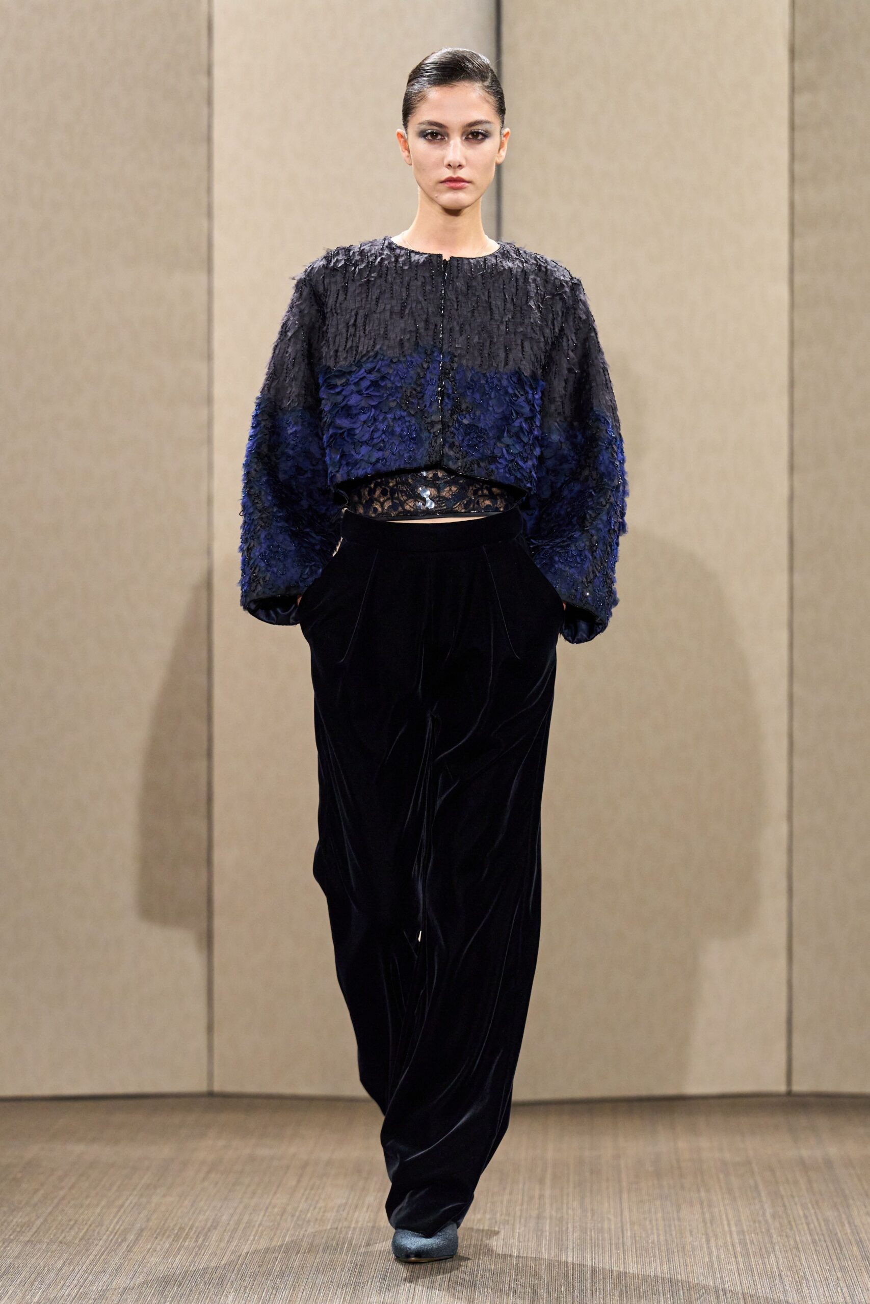 black silk long-sleeve collared relaxed pleated layered top