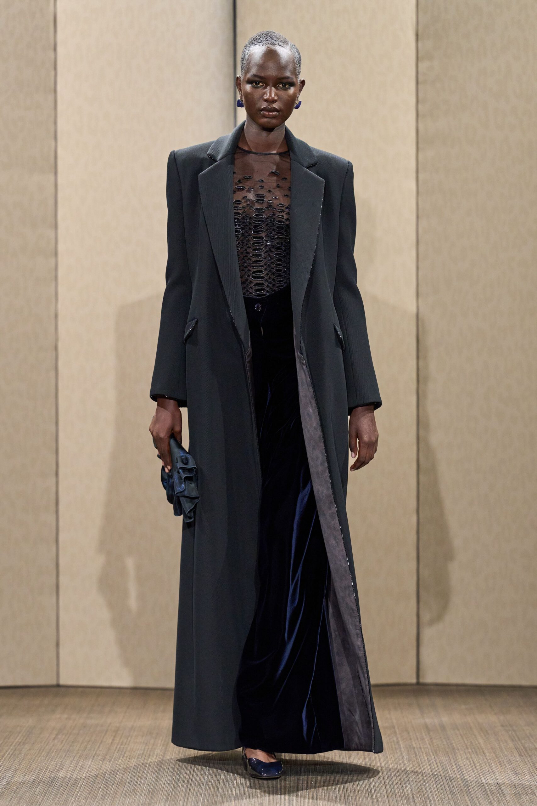 black wool long-sleeve collared structured buttoned maxi coat