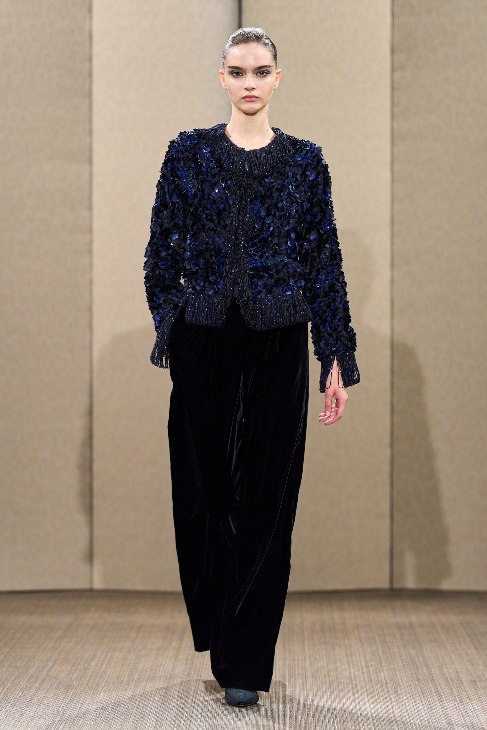 blue velvet long-sleeve collared fitted embroidered fringed jacket