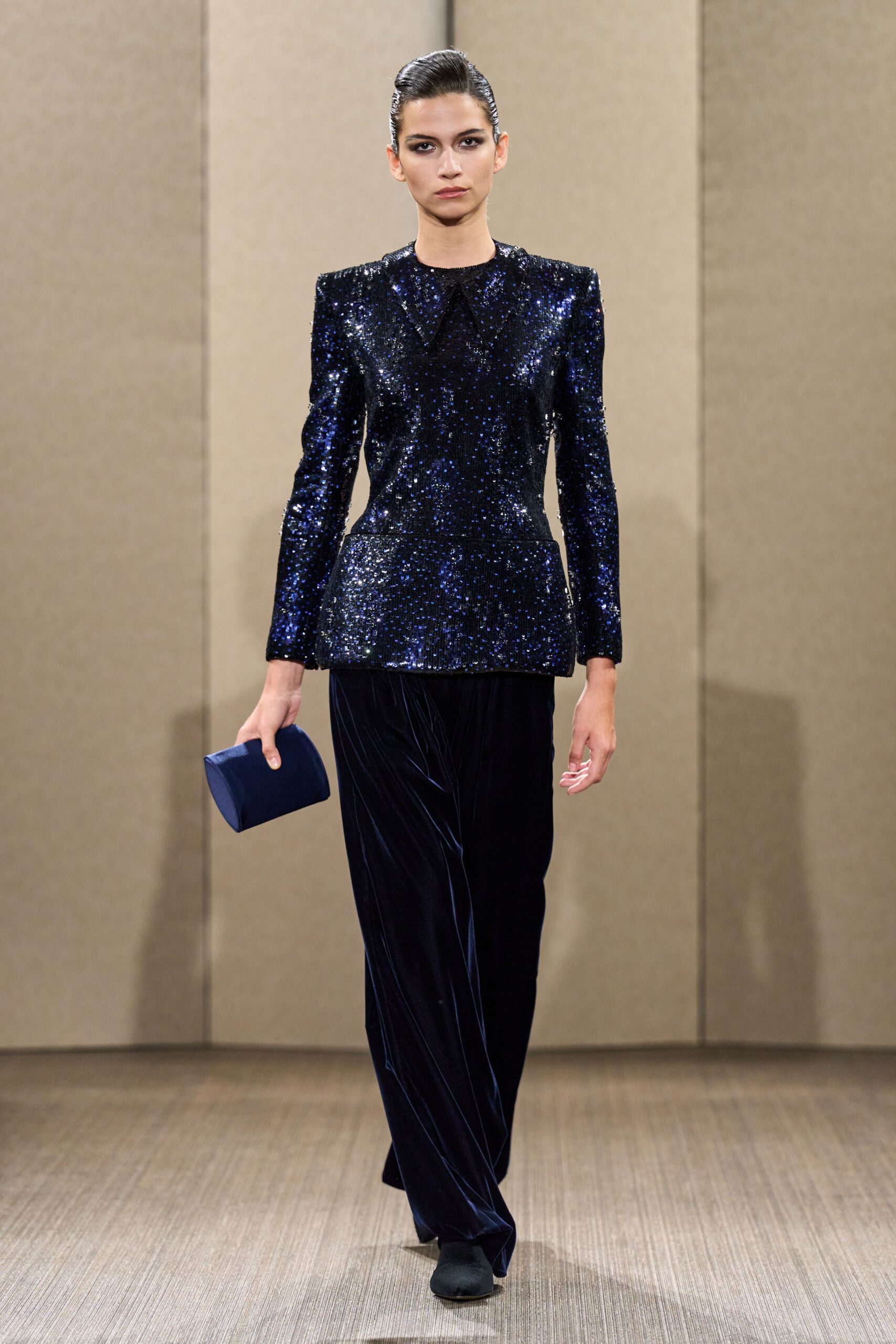 blue velvet long-sleeve collared structured sequined shiny blazer