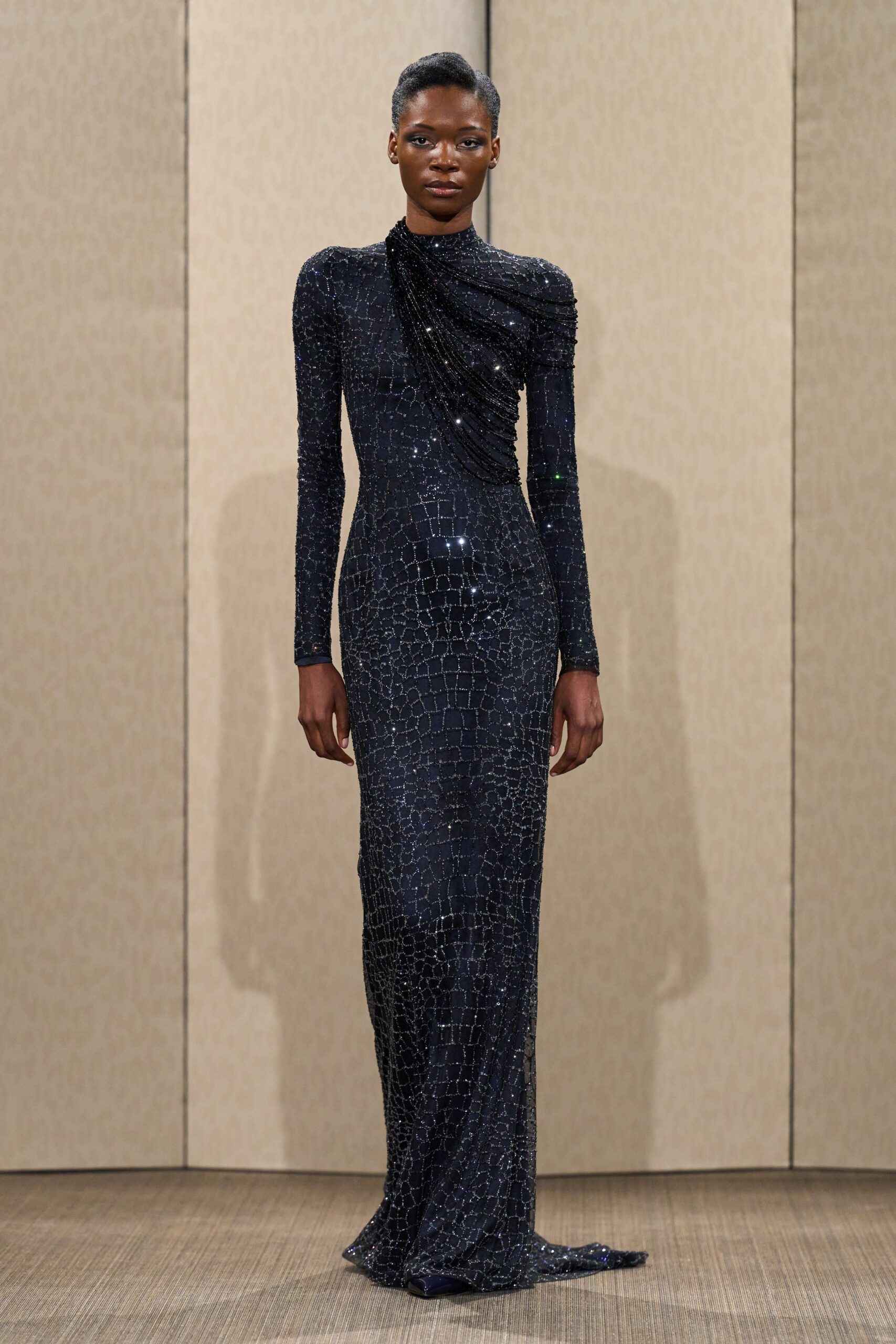 black velvet long-sleeve gown