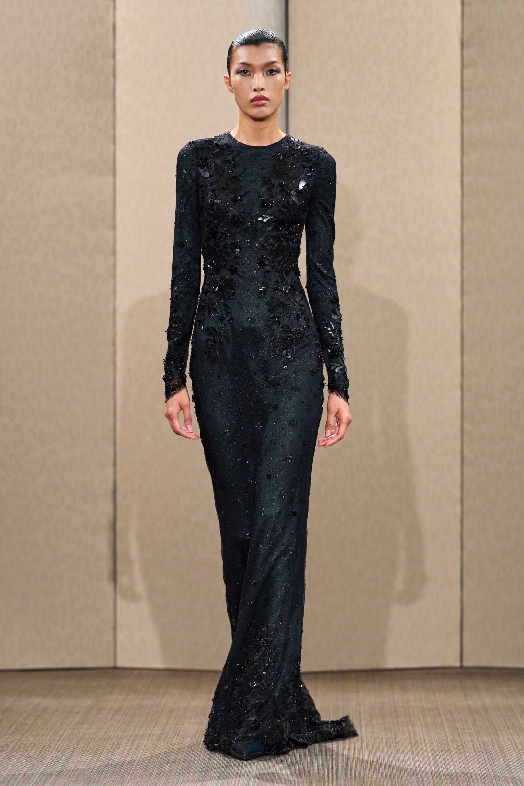 black embellished long-sleeve gown