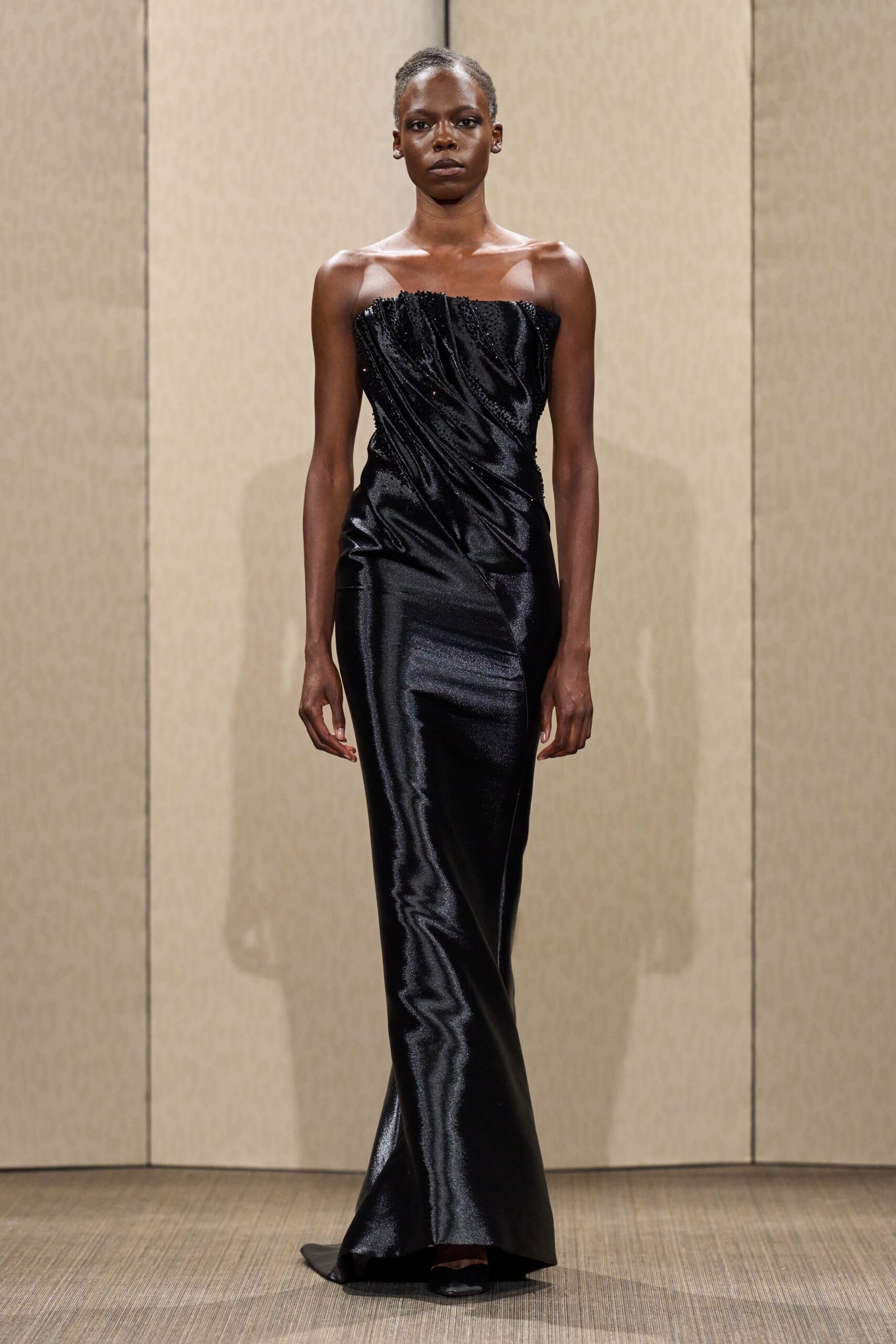 black strapless ruched gown