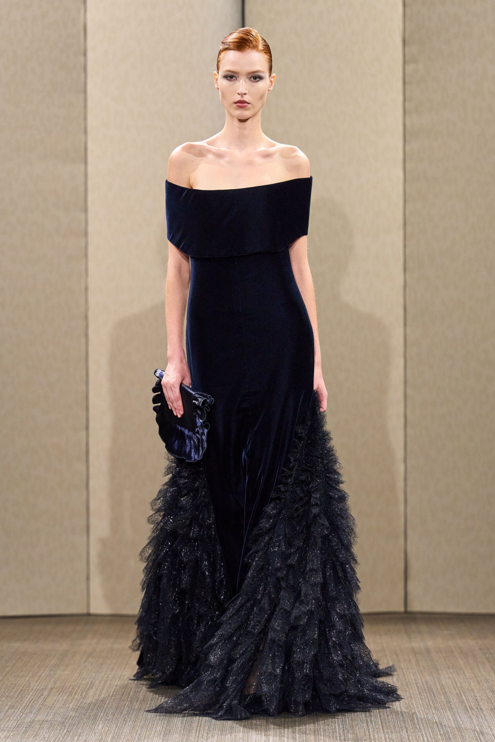 blue velvet off-shoulder fitted ruffled maxi gown
