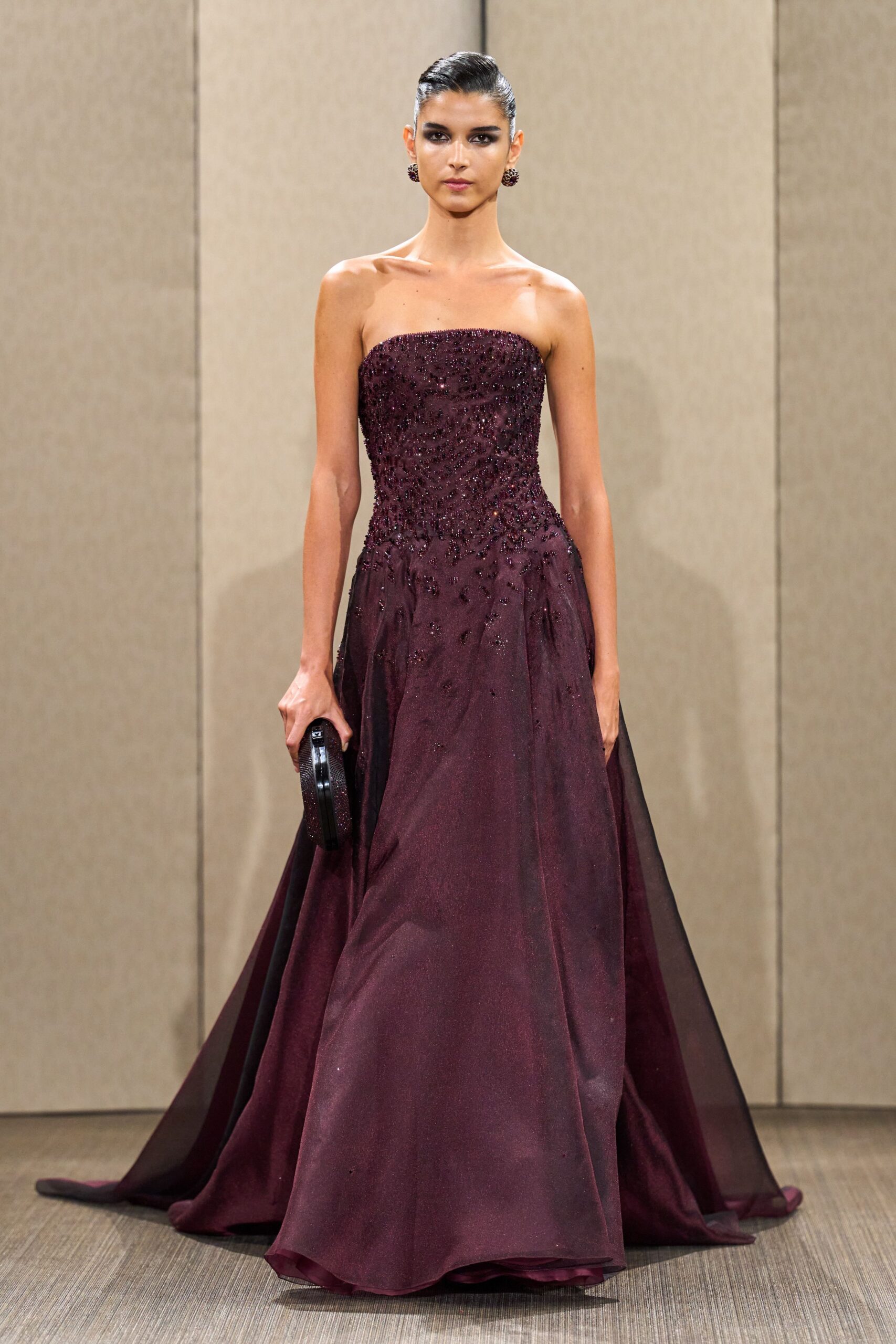 maroon silk strapless fitted embellished flowing shiny gown