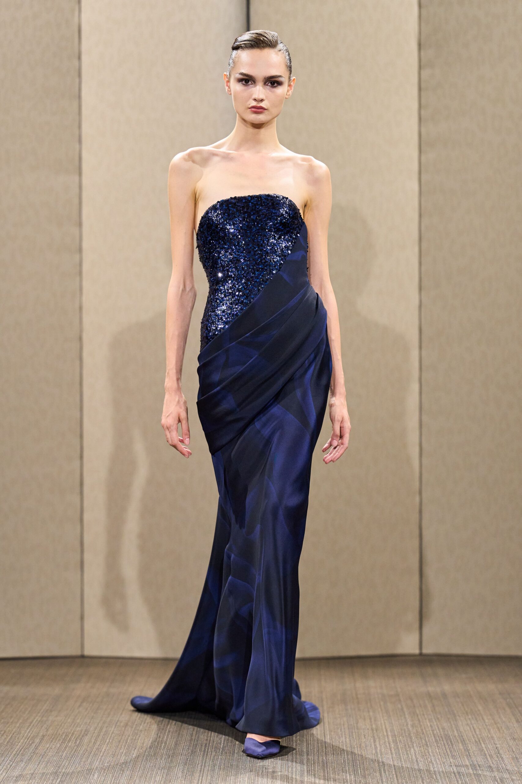 blue silk strapless fitted draped sequined flowing gown
