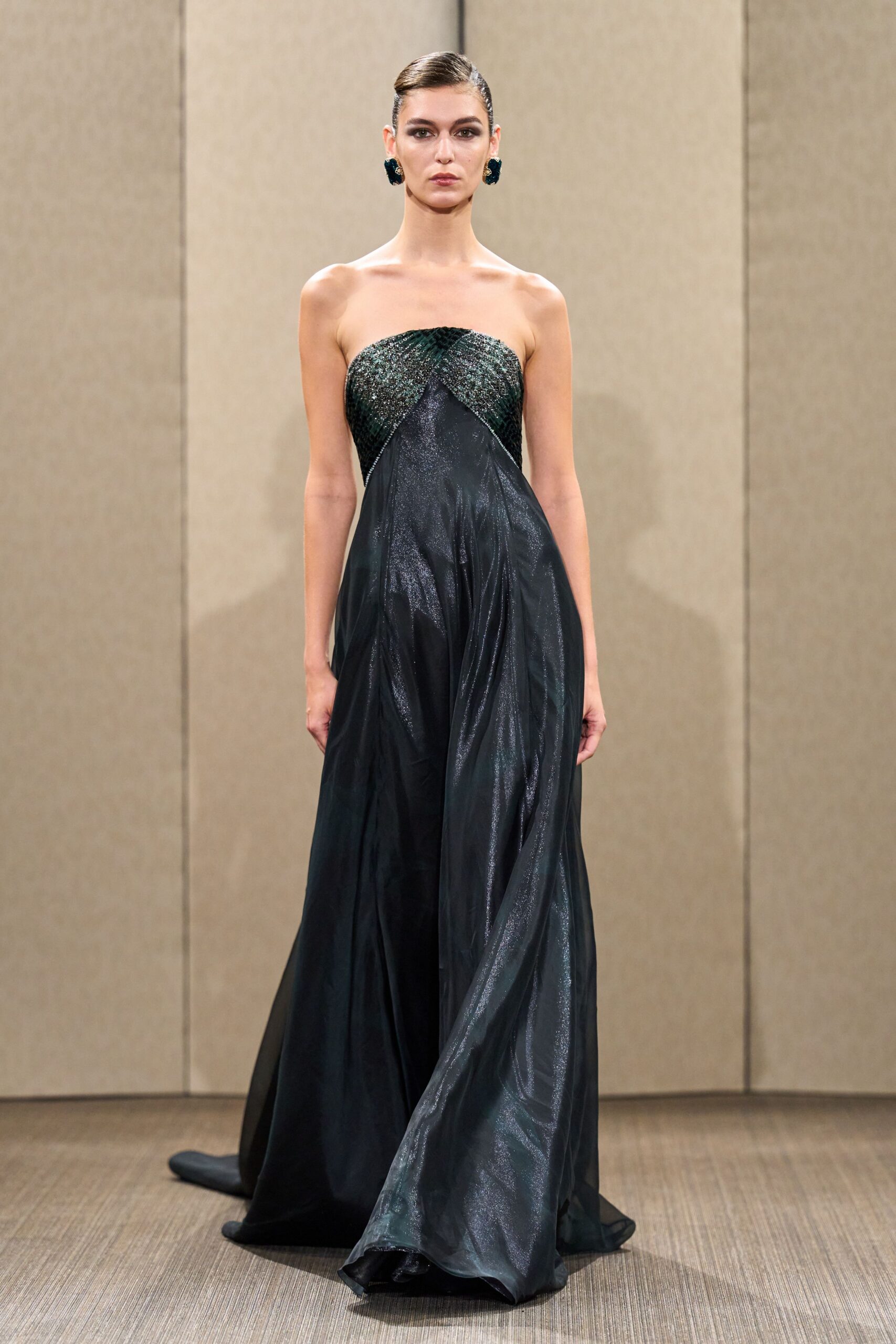 black green strapless flowing gown