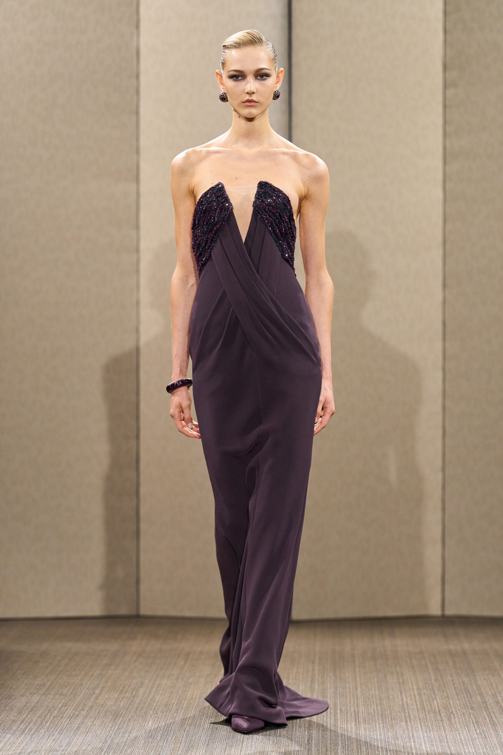 purple silk strapless fitted draped beaded maxi gown