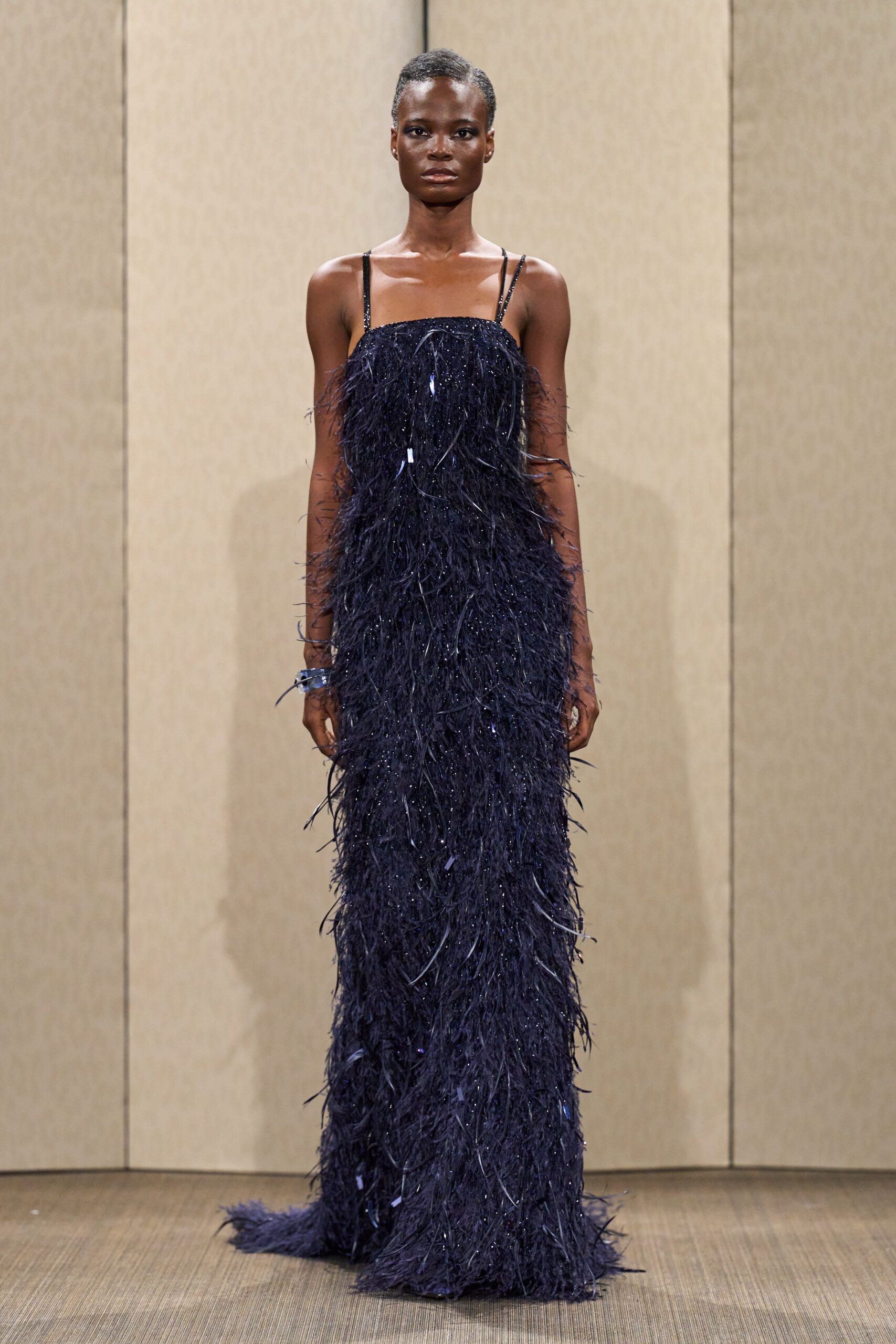 blue silk fringed gown