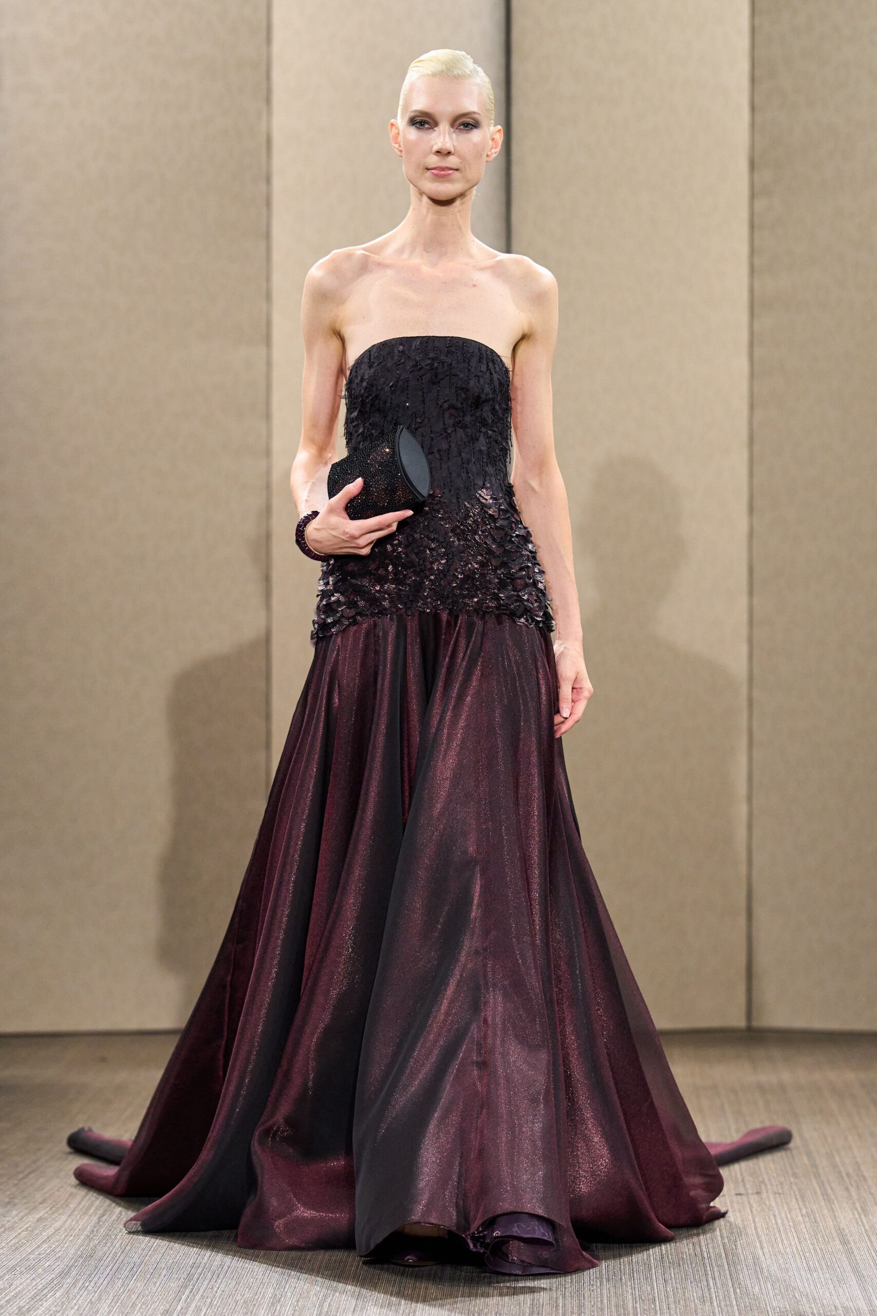 black silk strapless fitted embroidered tiered shiny gown