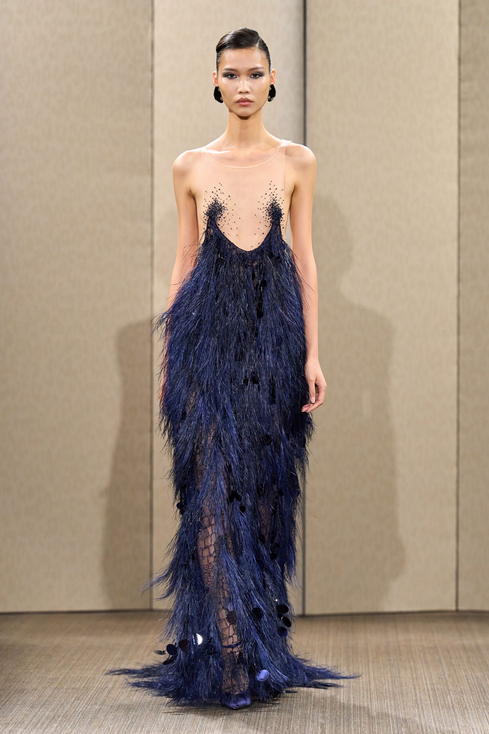 black and blue feathered gown