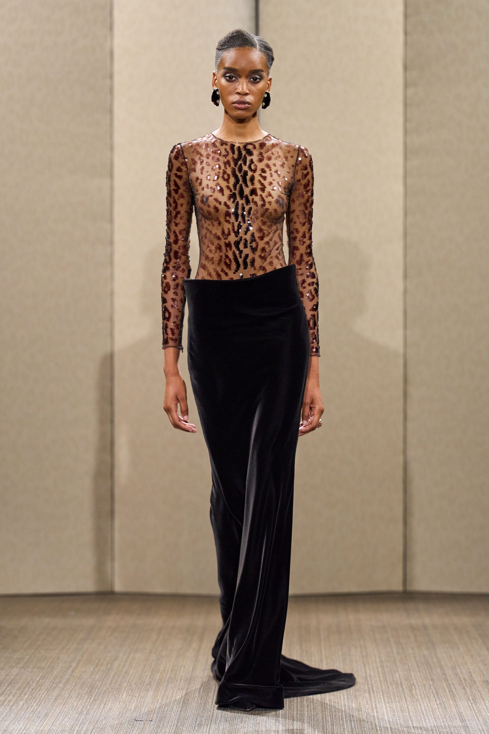 black velvet long-sleeve gown