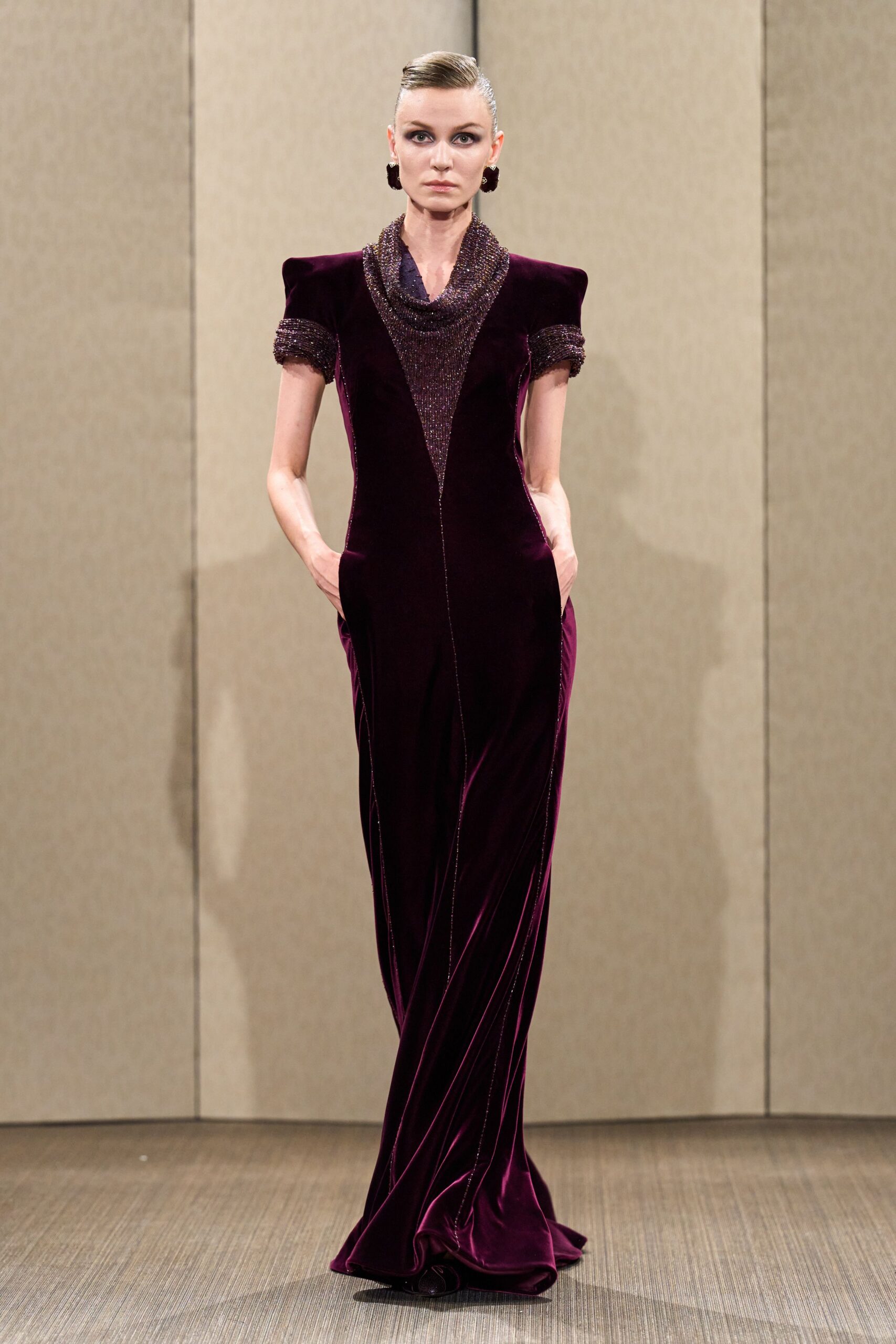 purple velvet fitted gown