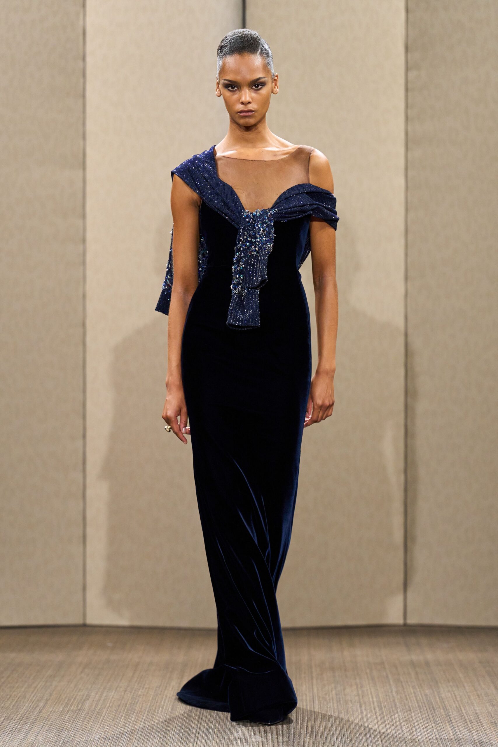 navy velvet off-shoulder gown