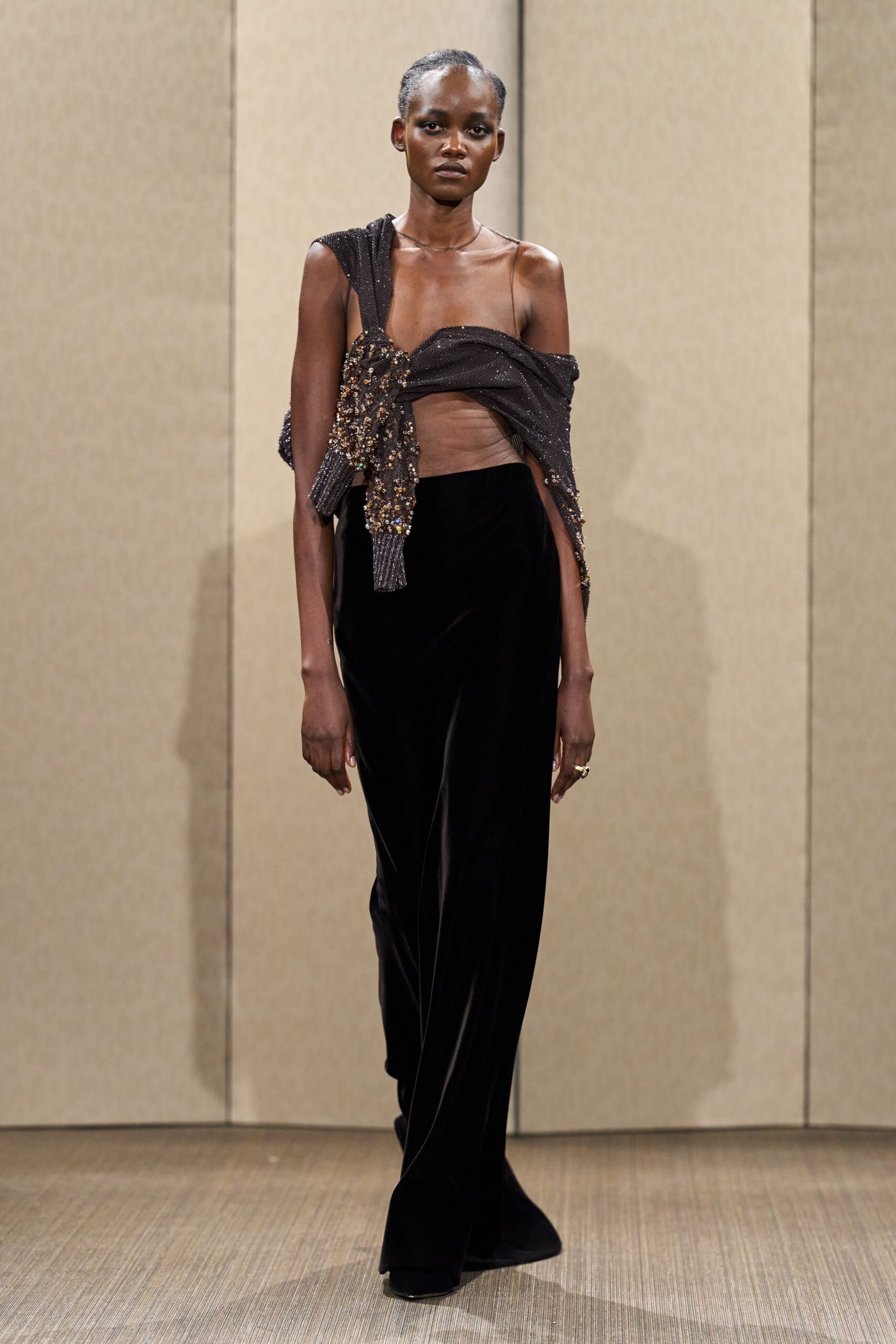 black velvet sleeveless off-shoulder fitted ruched embellished top