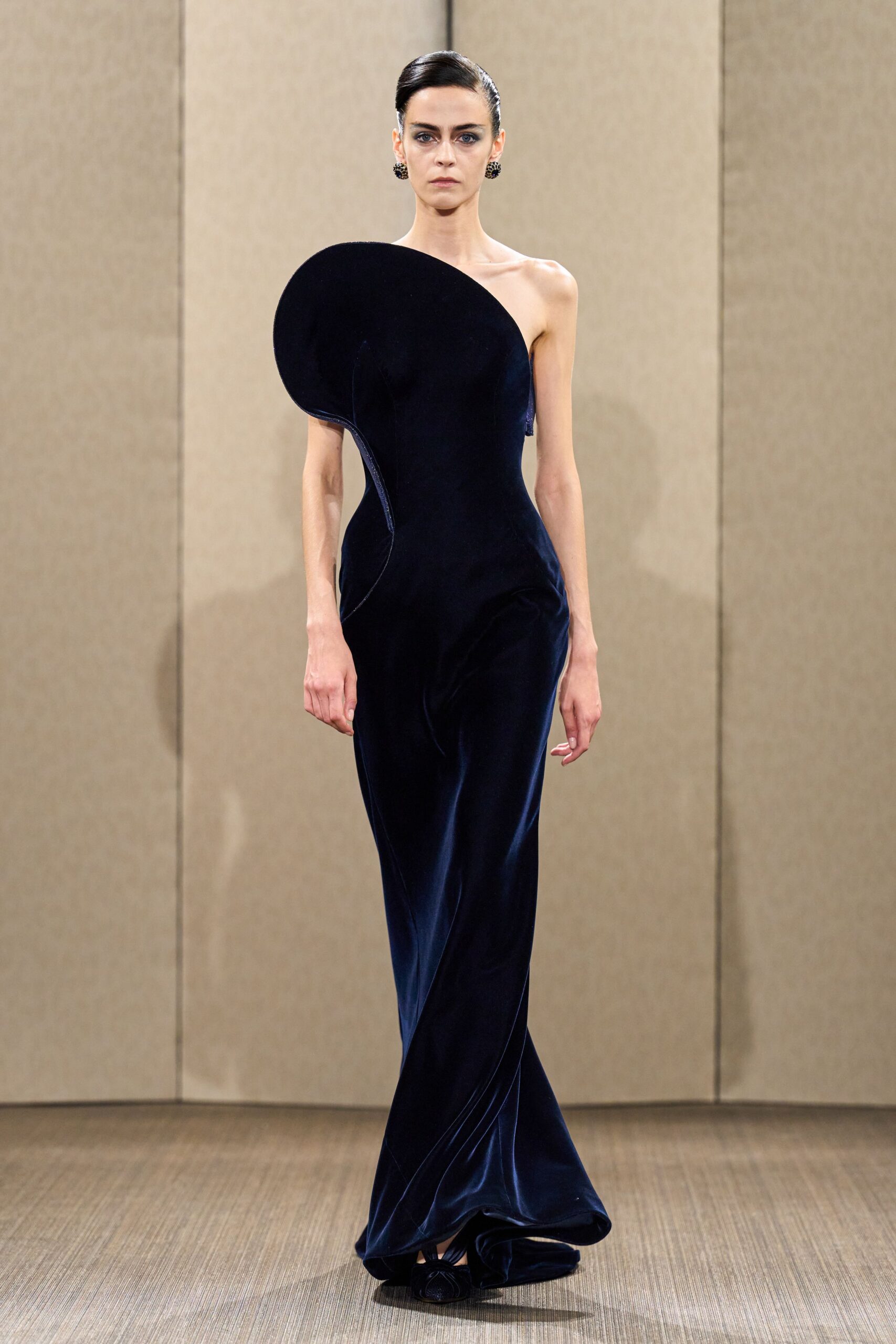 blue velvet sleeveless asymmetric fitted draped maxi gown