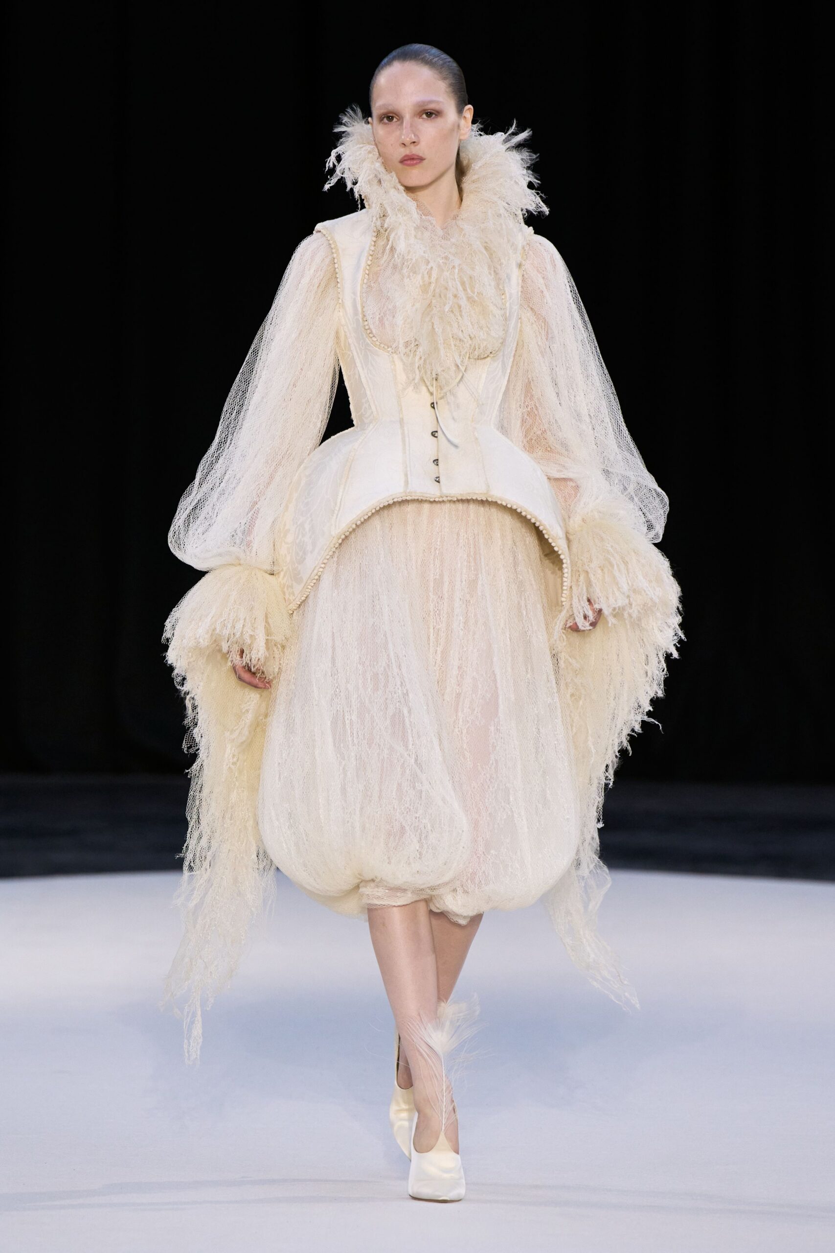 white silk long-sleeve collared fitted ruffled layered dress