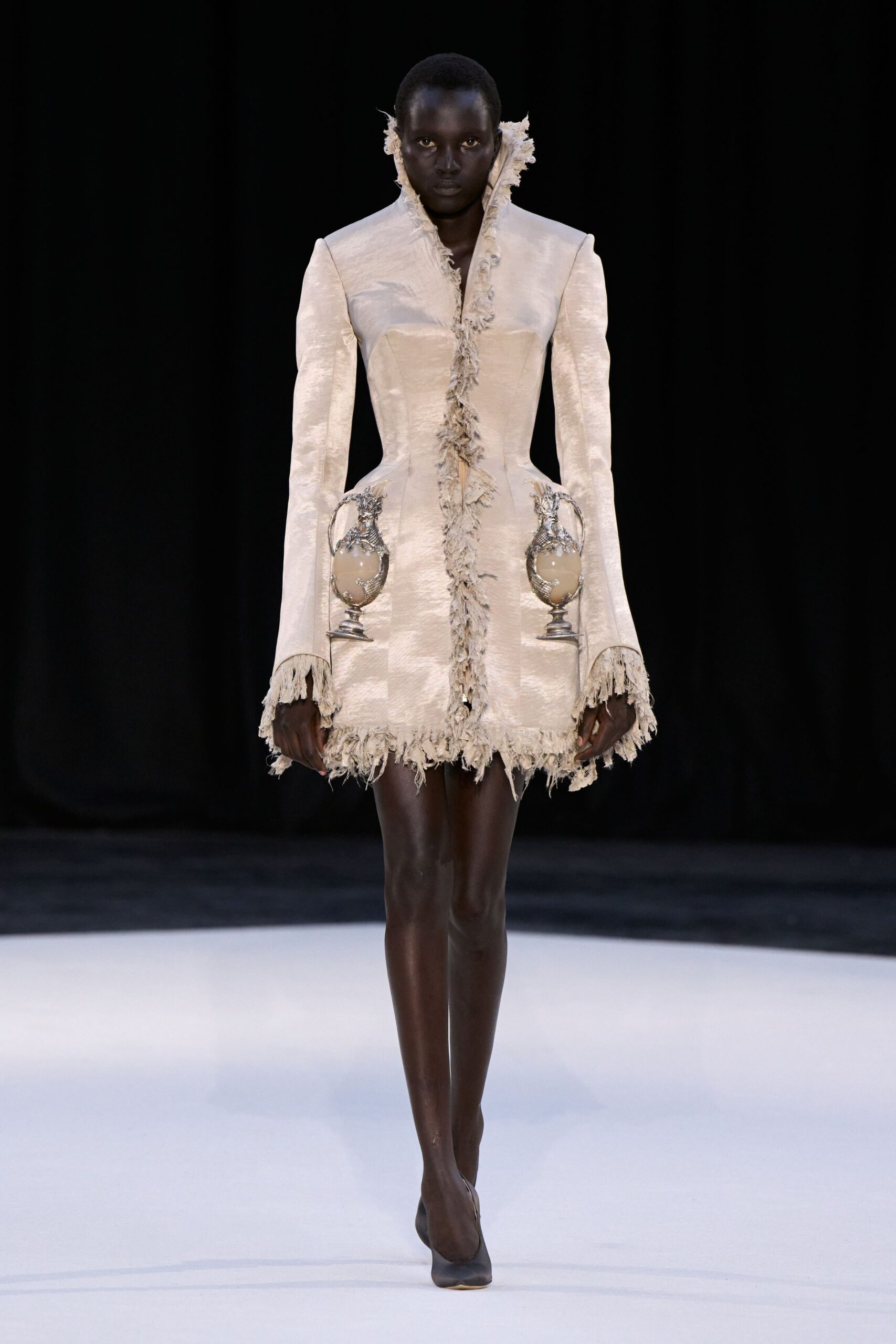beige silk long-sleeve collared fitted ruffled embroidered dress