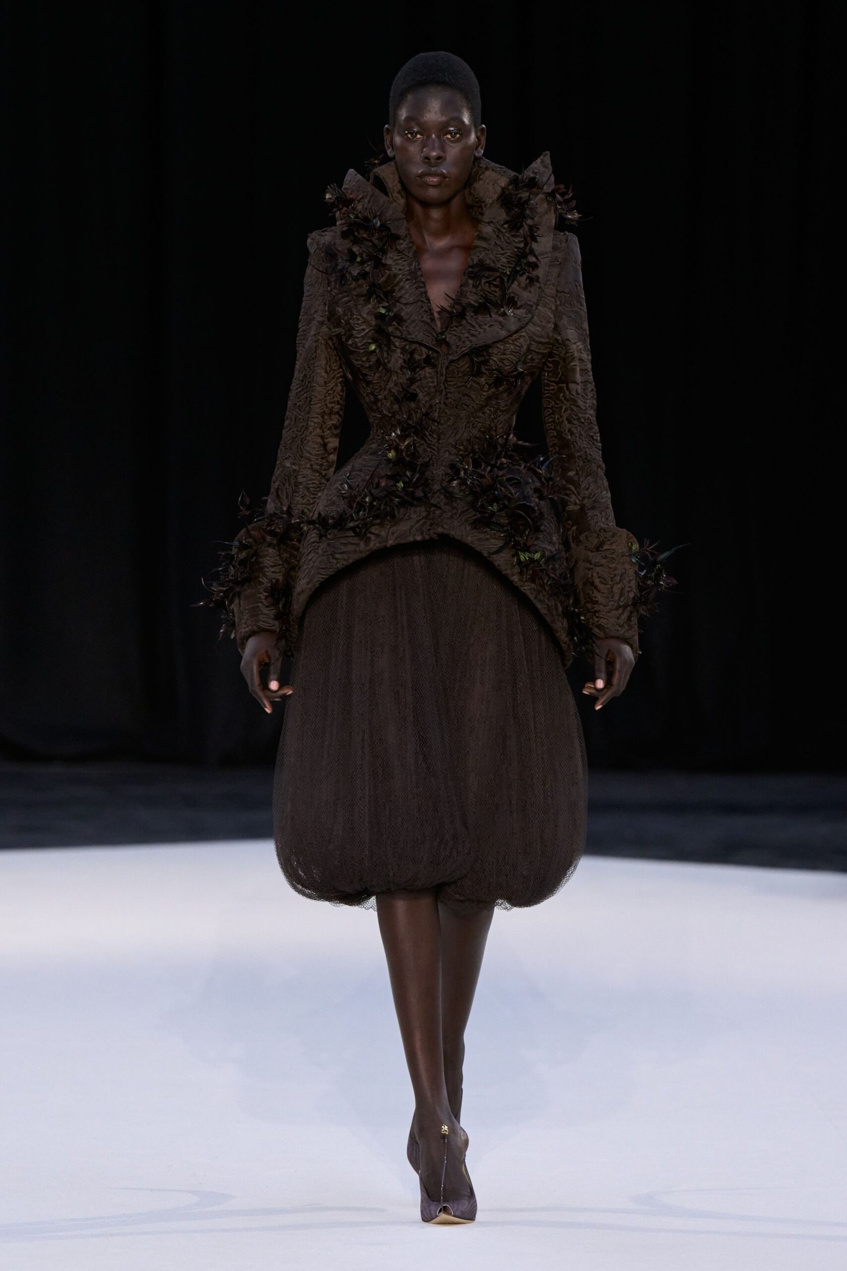 black silk long-sleeve collared structured ruffled embroidered jacket