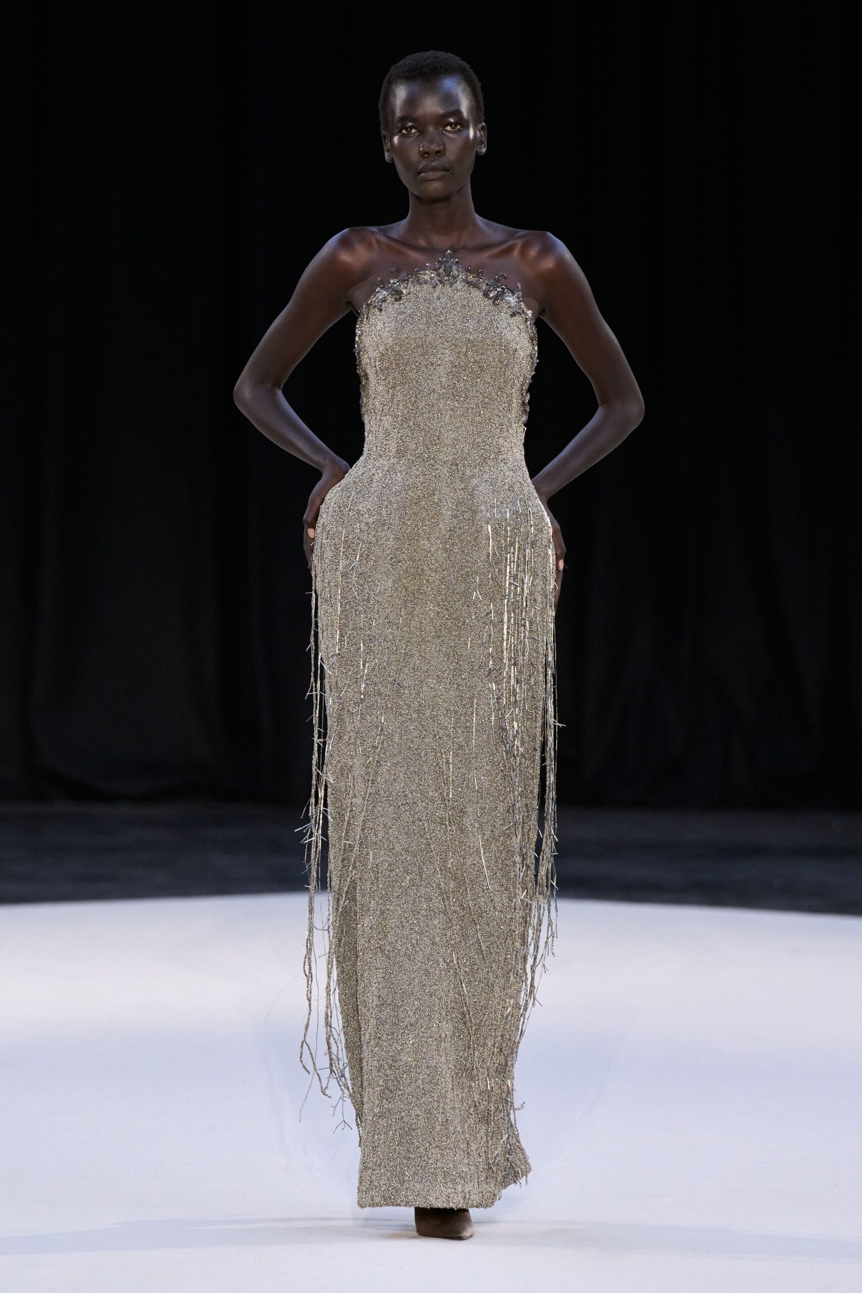 gold metallic strapless gown