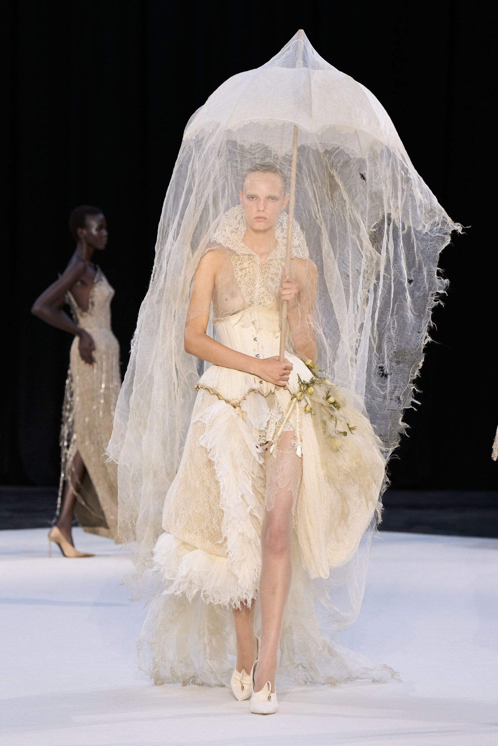 ivory silk sleeveless v-neck fitted ruffled layered gown