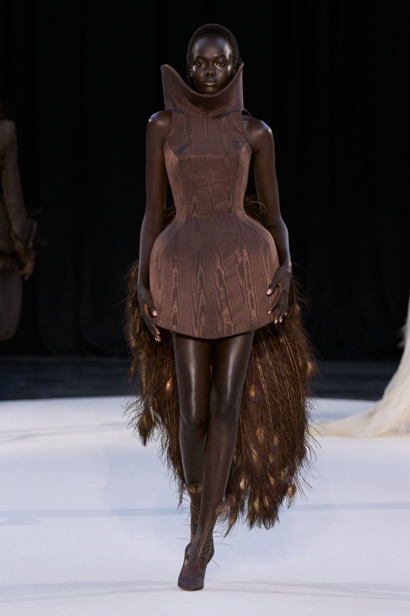 brown silk sleeveless high-neck fitted pleated flared dress