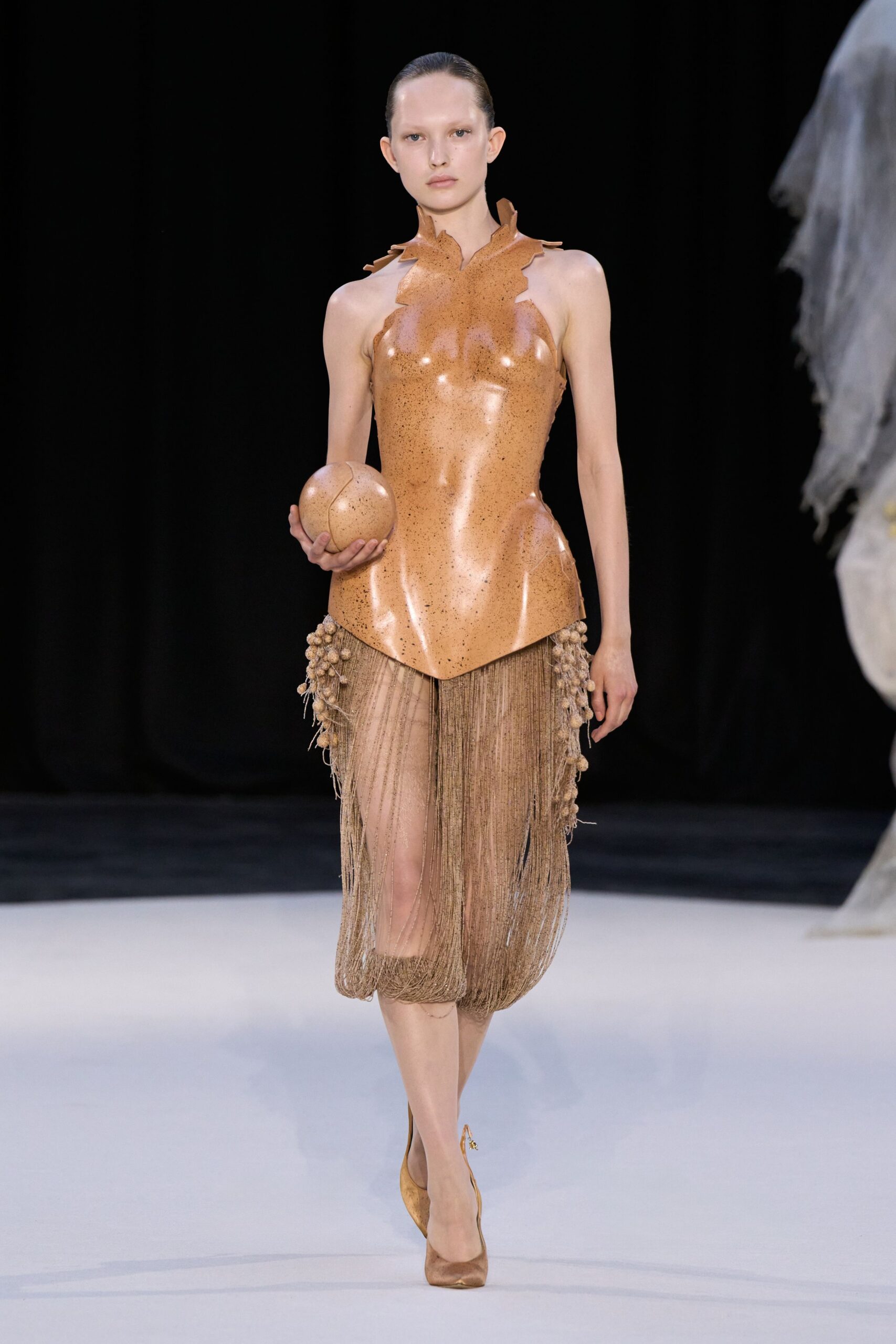 gold vinyl sleeveless high-neck fitted pleated fringed dress