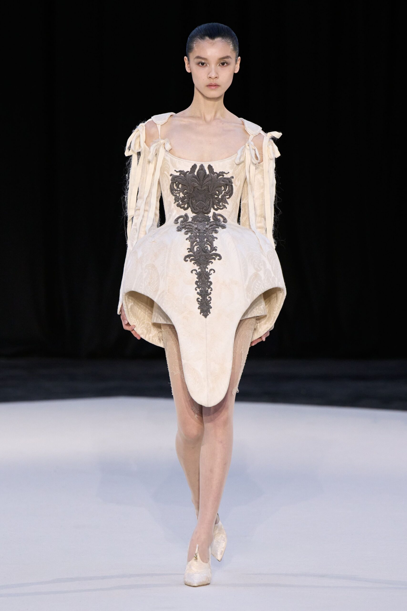 ivory silk long-sleeve off-shoulder fitted embroidered ruffled gown