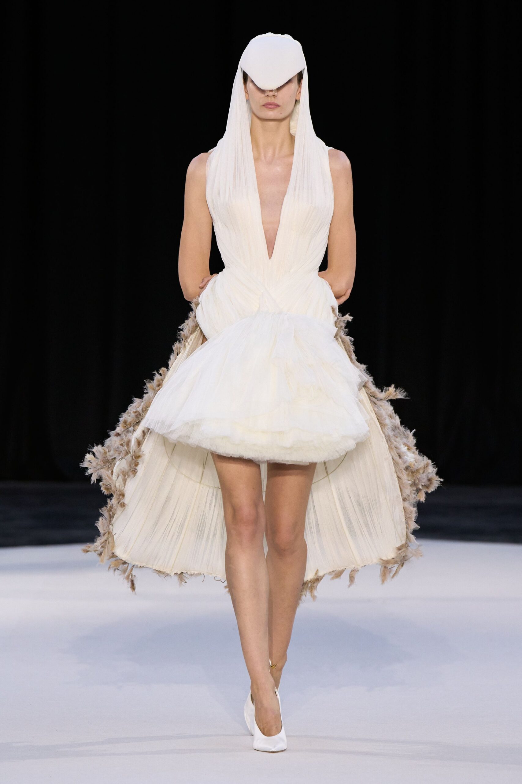 white silk sleeveless v-neck fitted pleated tiered dress