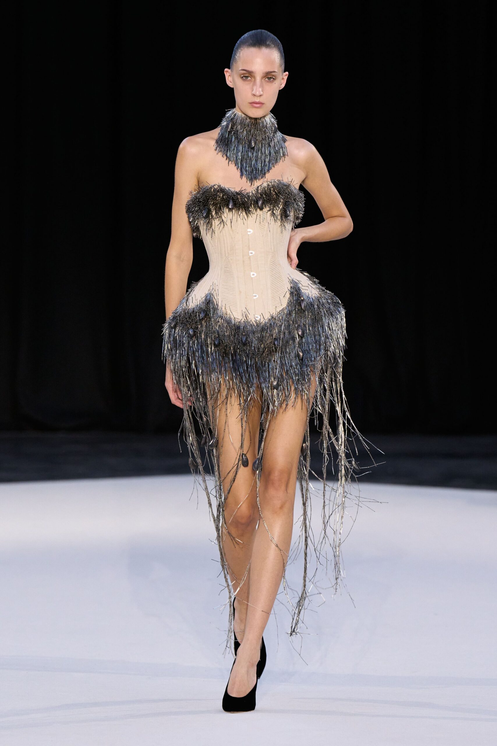 beige silk strapless fitted fringed embroidered mini corset