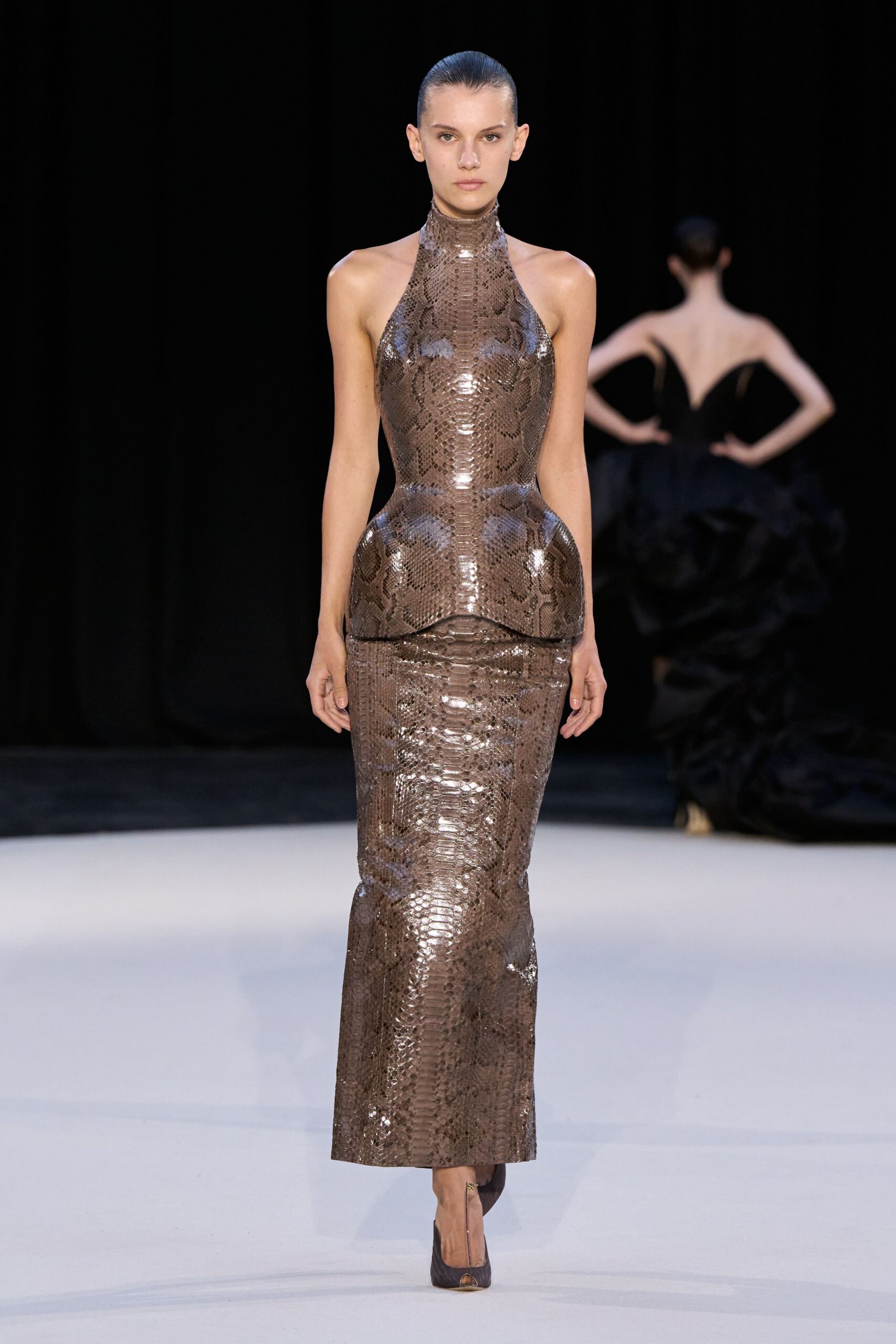 brown silk sleeveless high-neck fitted sequined flared gown
