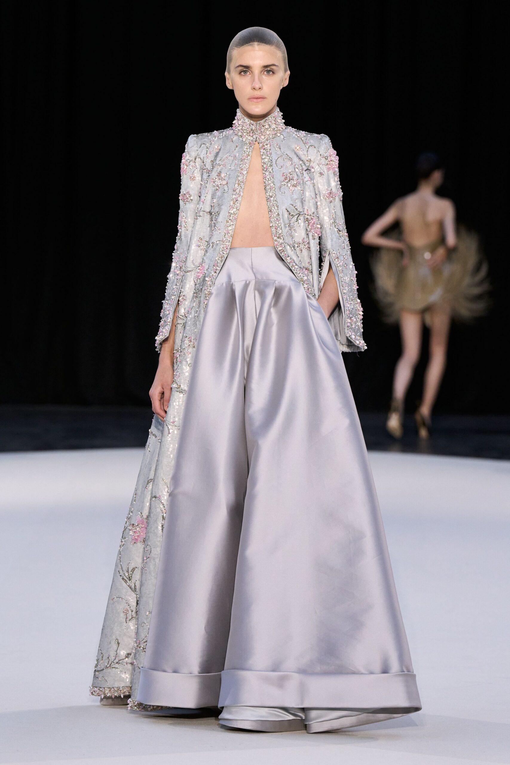 gray silk long-sleeve collared structured embroidered beaded cape