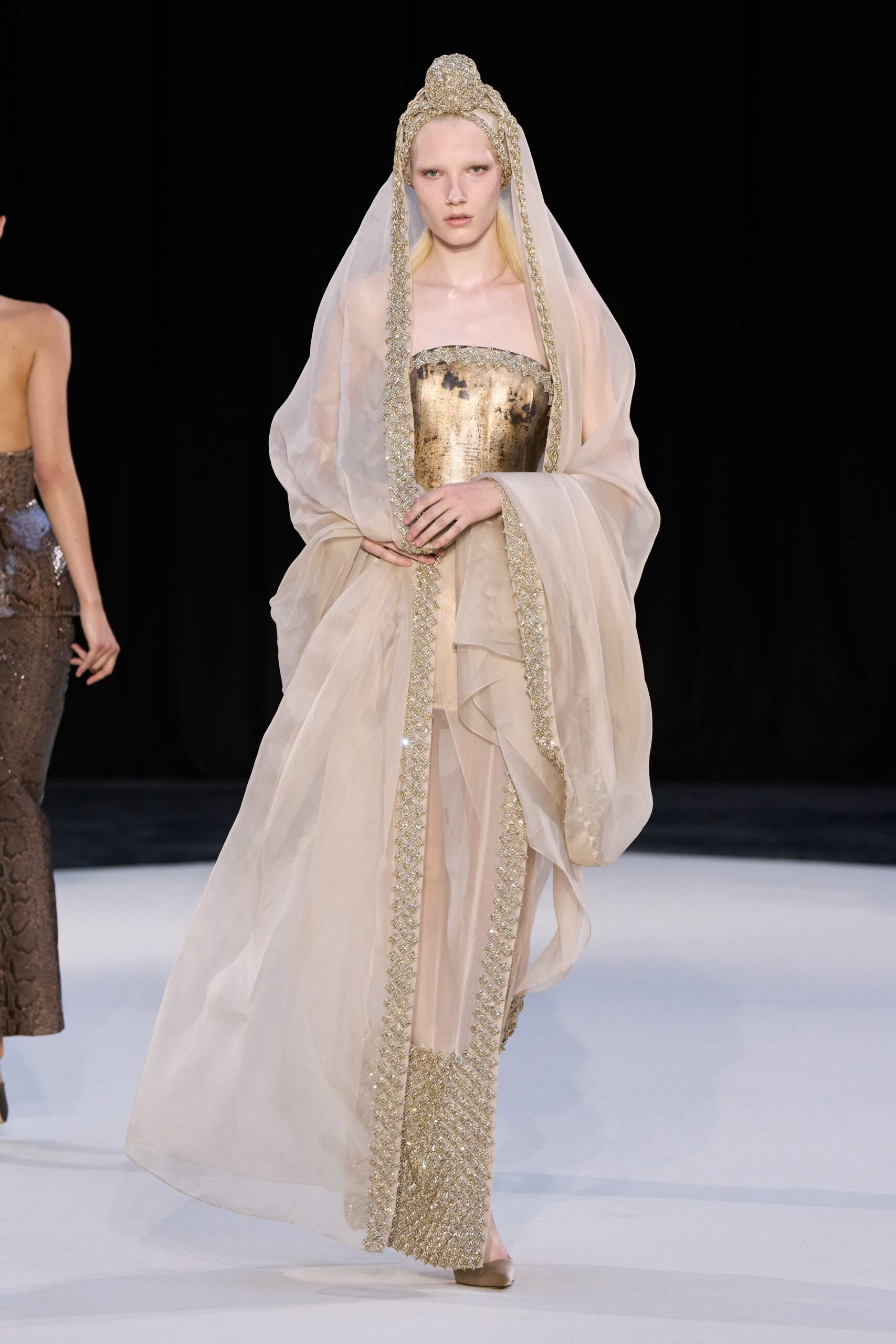 beige silk gown with veil