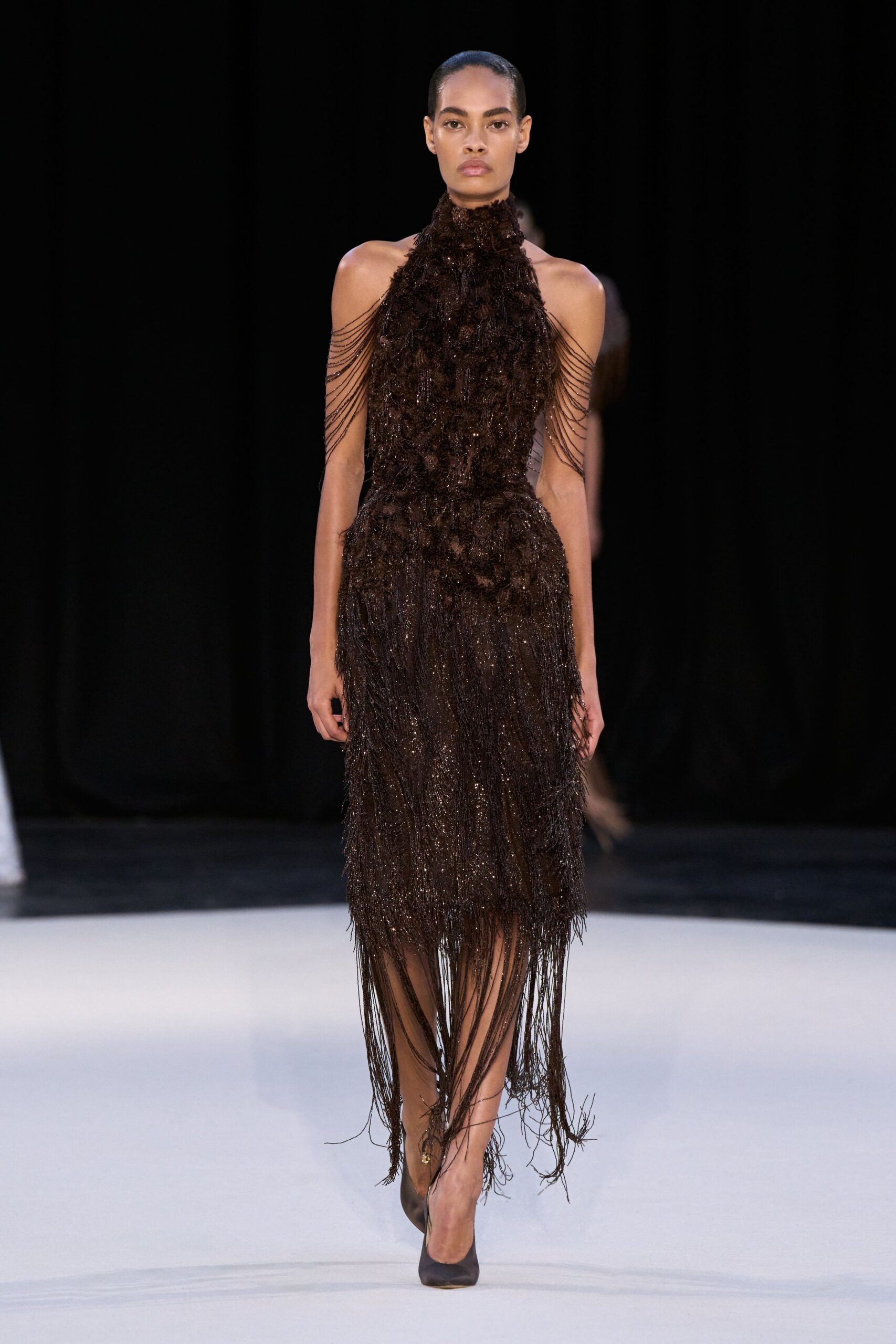 brown silk sleeveless high-neck fitted fringed layered dress