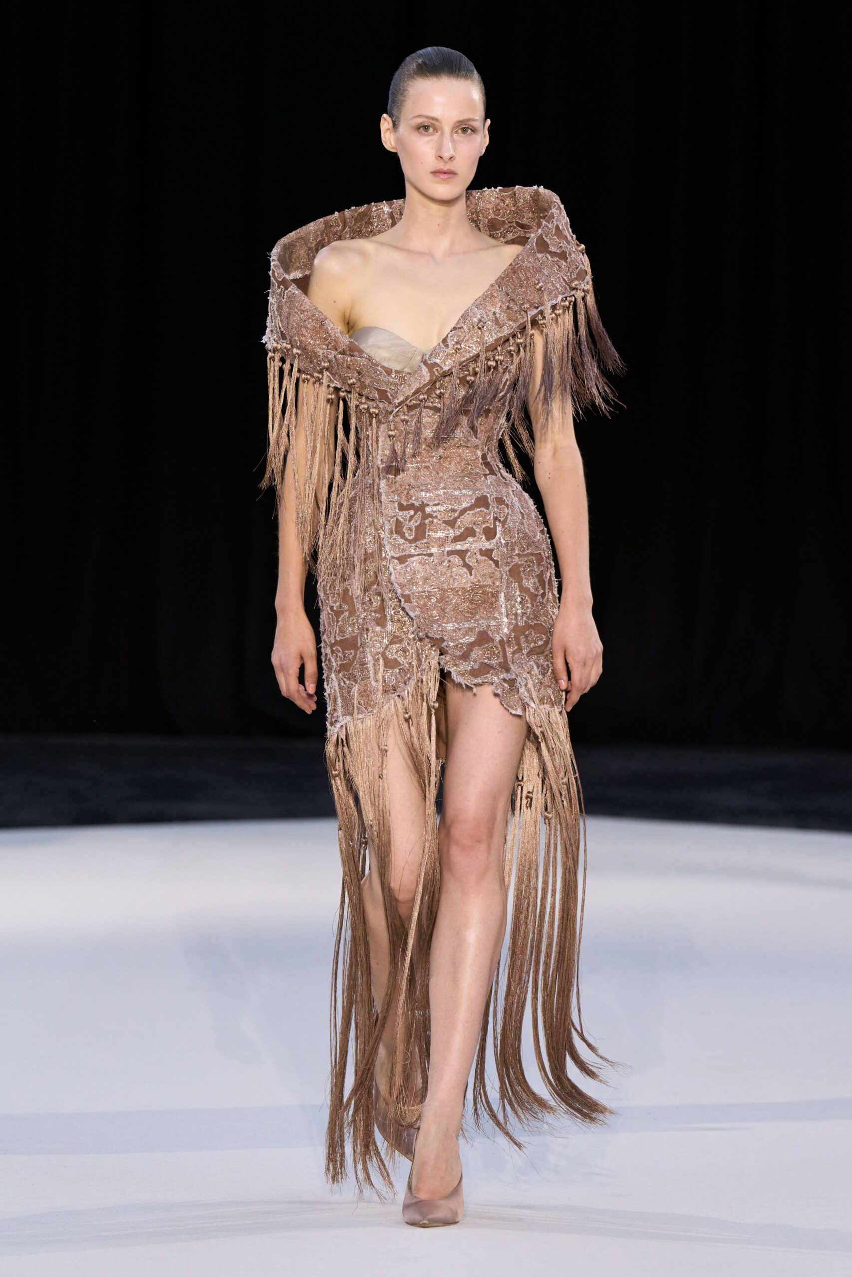 brown velvet sleeveless v-neck fitted fringed draped dress