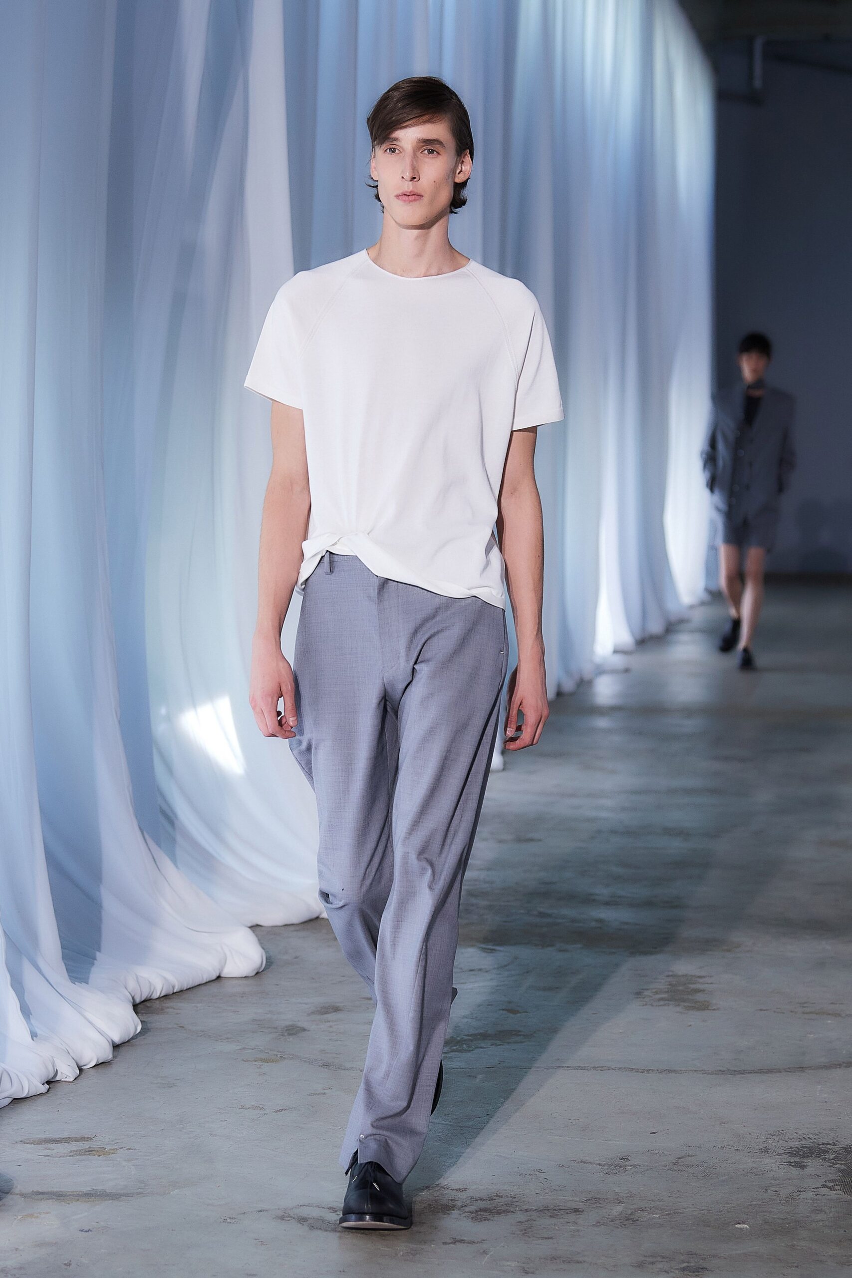 white t-shirt gray tailored pants