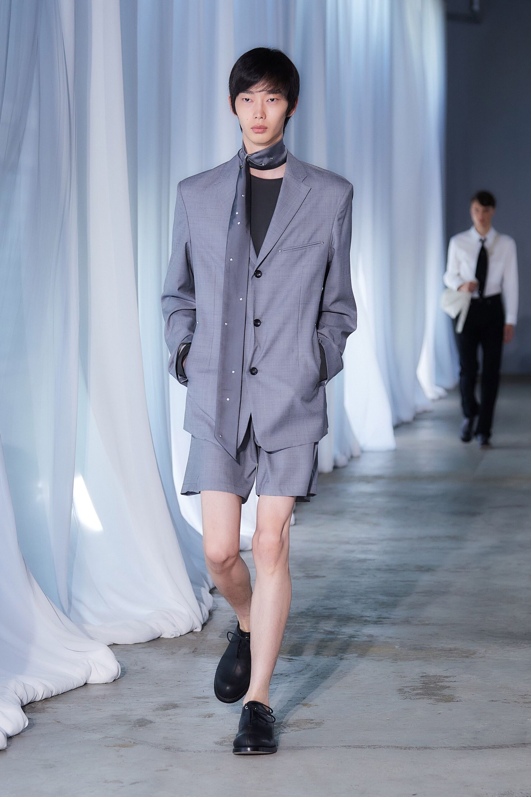 gray tailored blazer with shorts