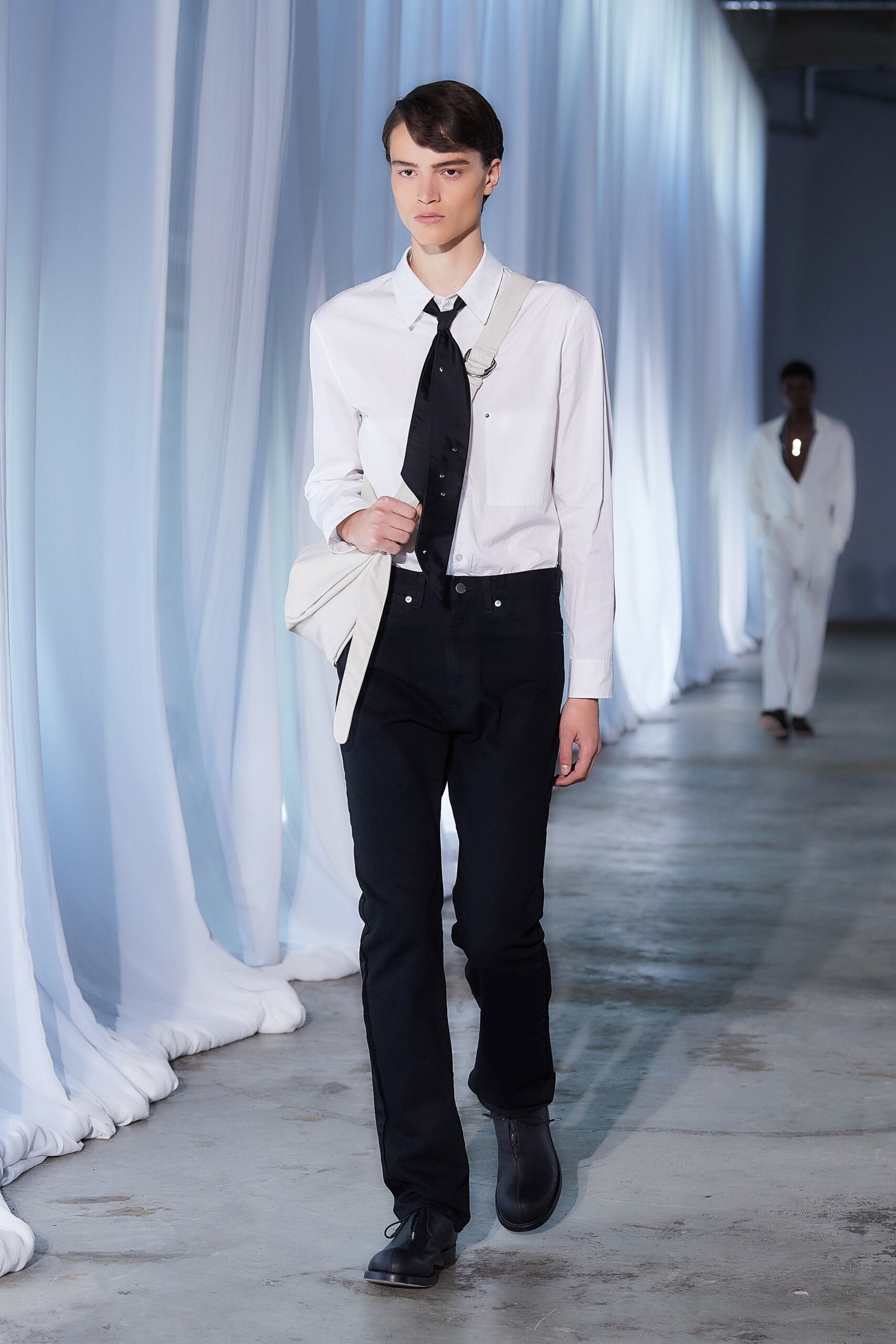 white fitted shirt black pants
