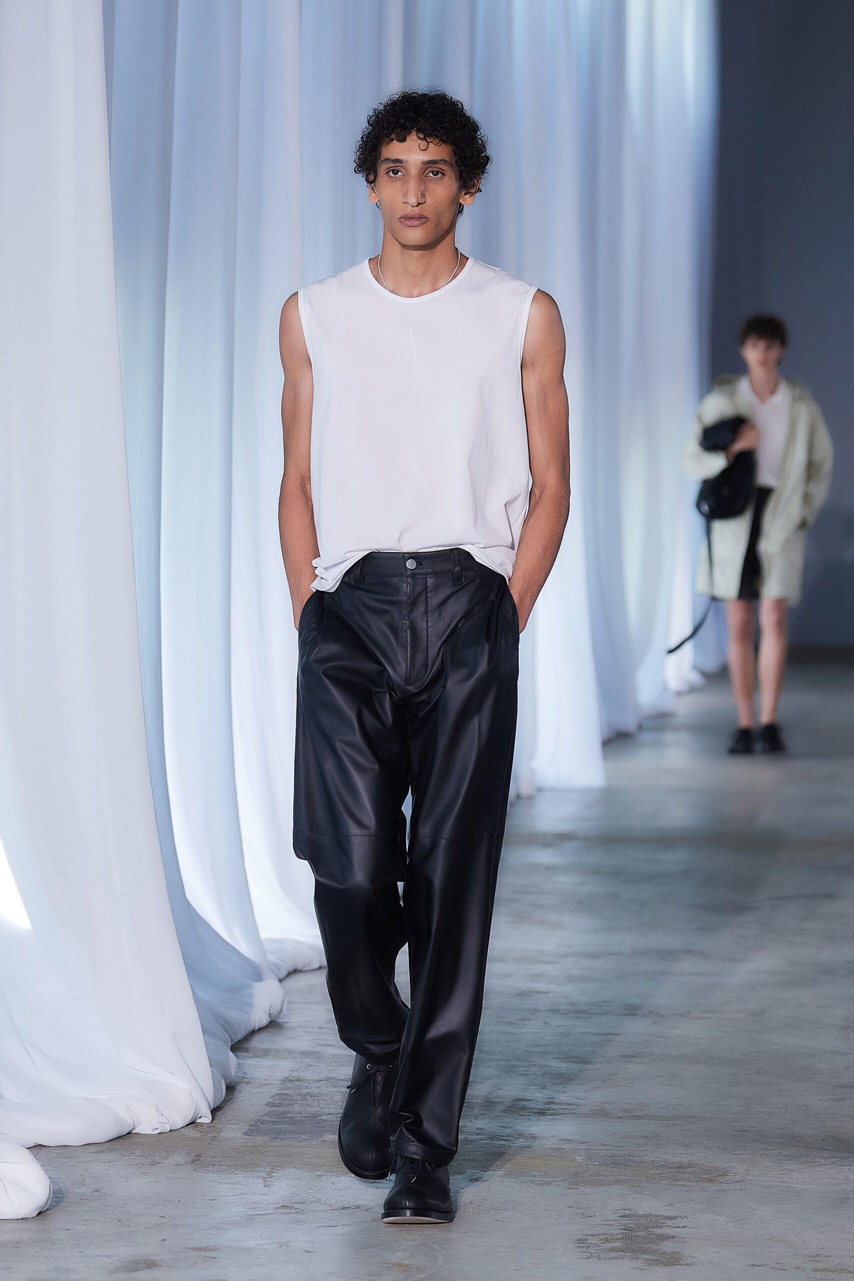 white tank-top black leather pants