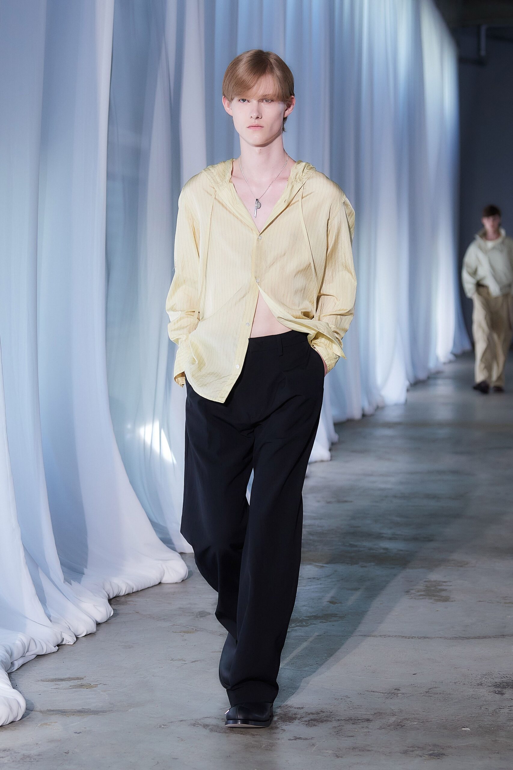 yellow relaxed shirt black pants