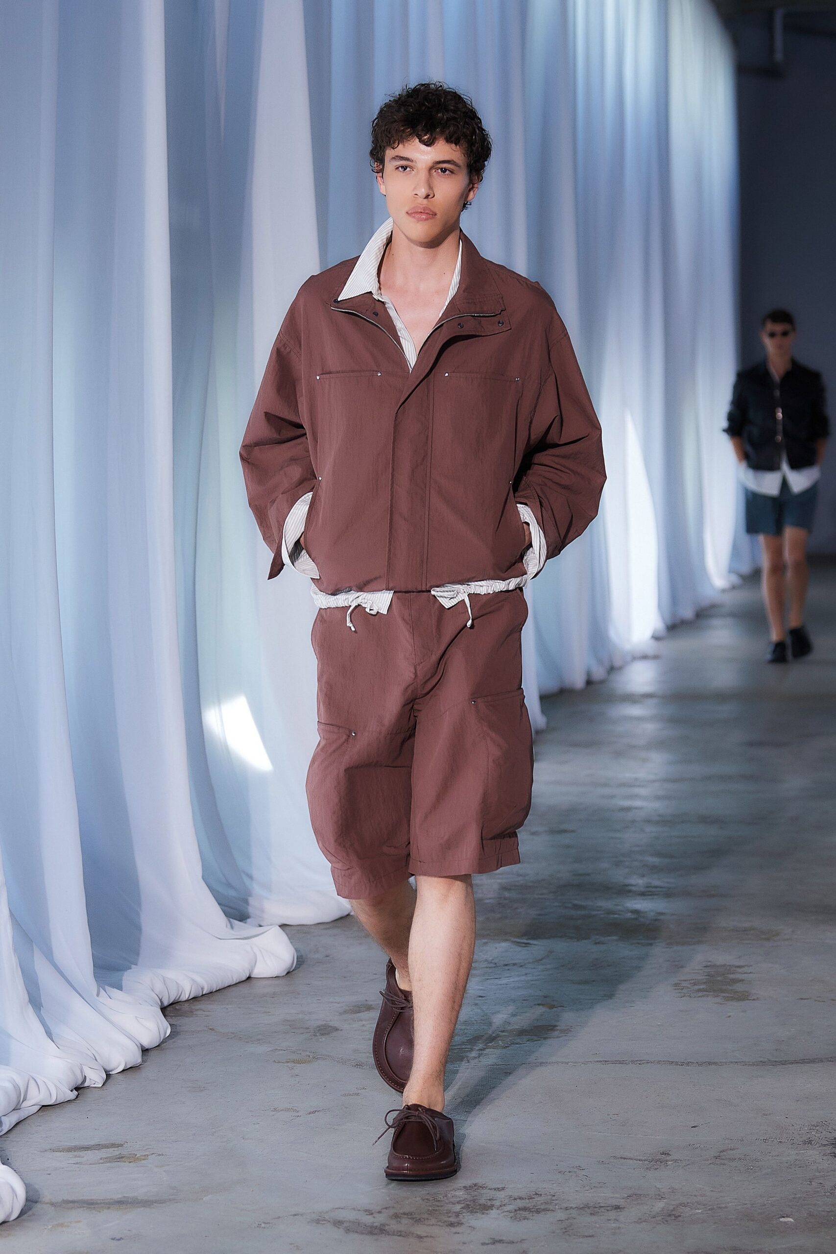 brown relaxed jacket and shorts